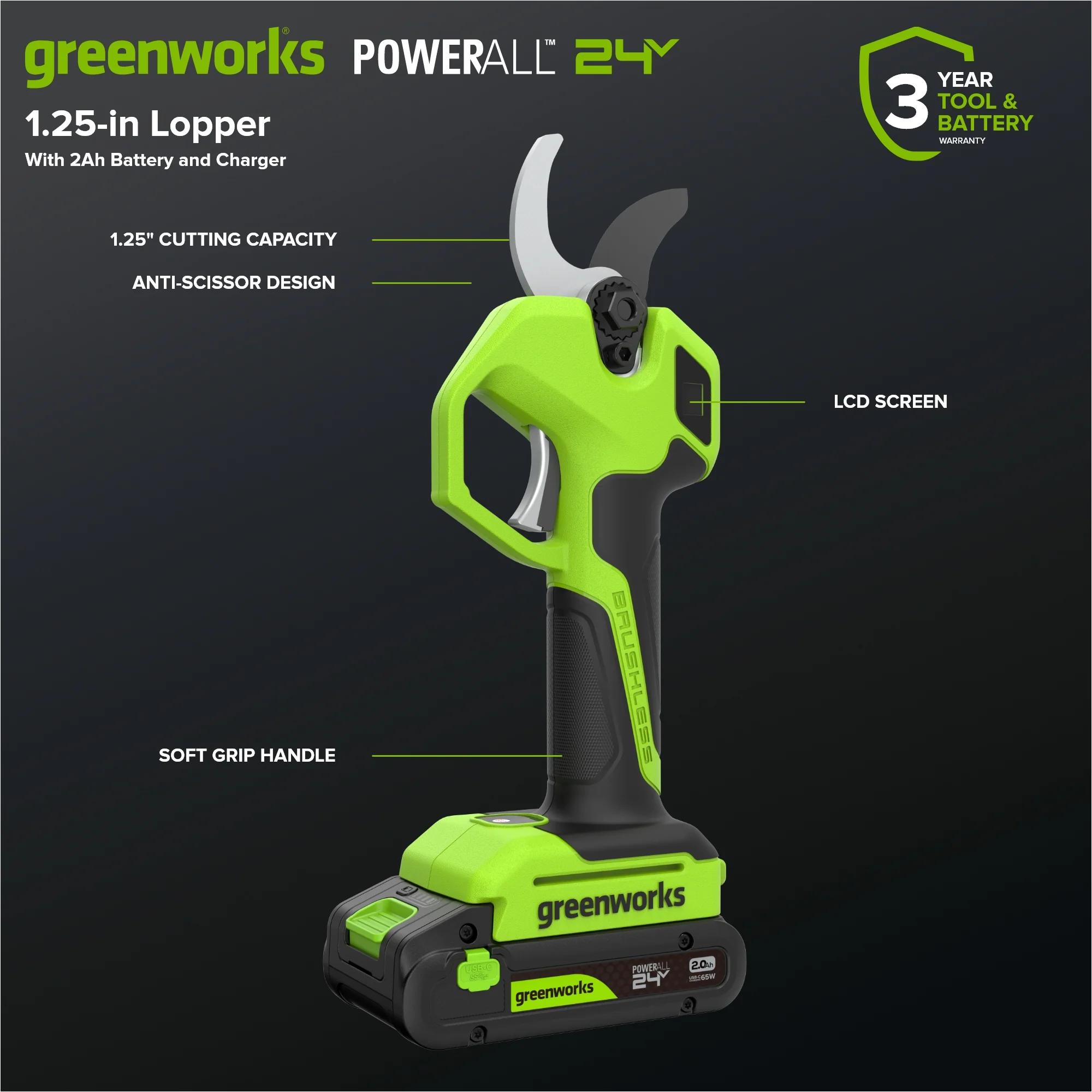 24V 1.25" Pruning Shear: 2.0Ah Battery and 30W Charger - Image 2