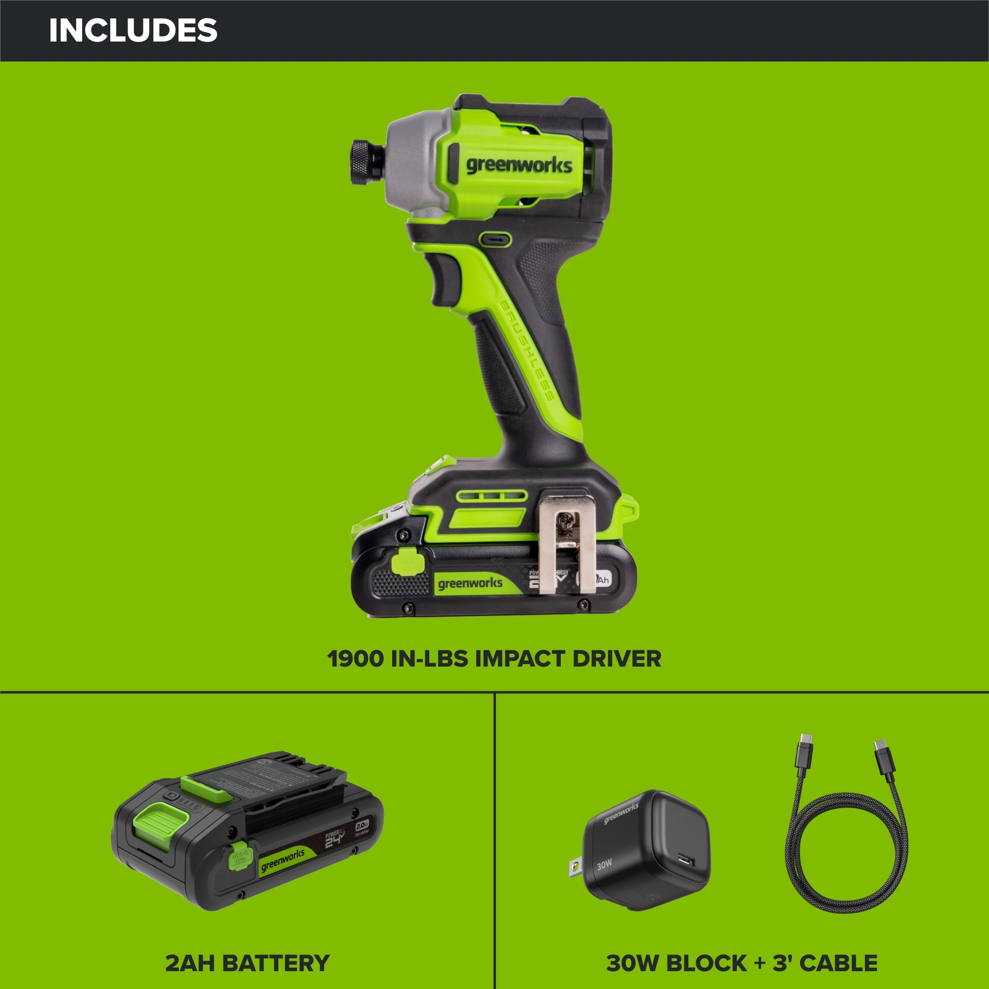 24V PowerAll 1,900 In-Lb Impact Driver, with 2.0 Ah USB-C Battery, 30W USB-C Charger Block, 3' 100W USB-C Cable, Belt Clip - Image 4