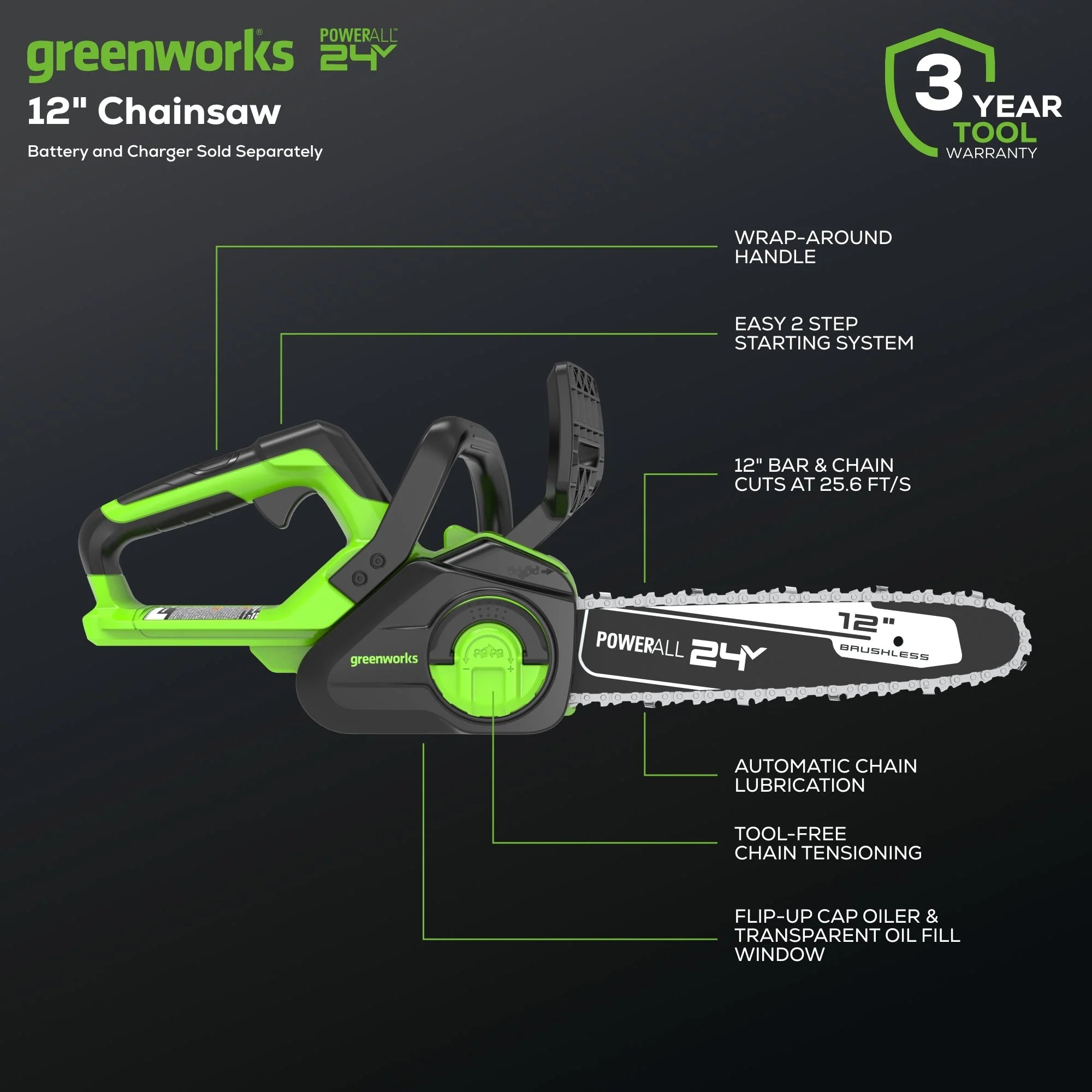 24V 12" Cordless Battery Chainsaw (Tool Only) - Image 3