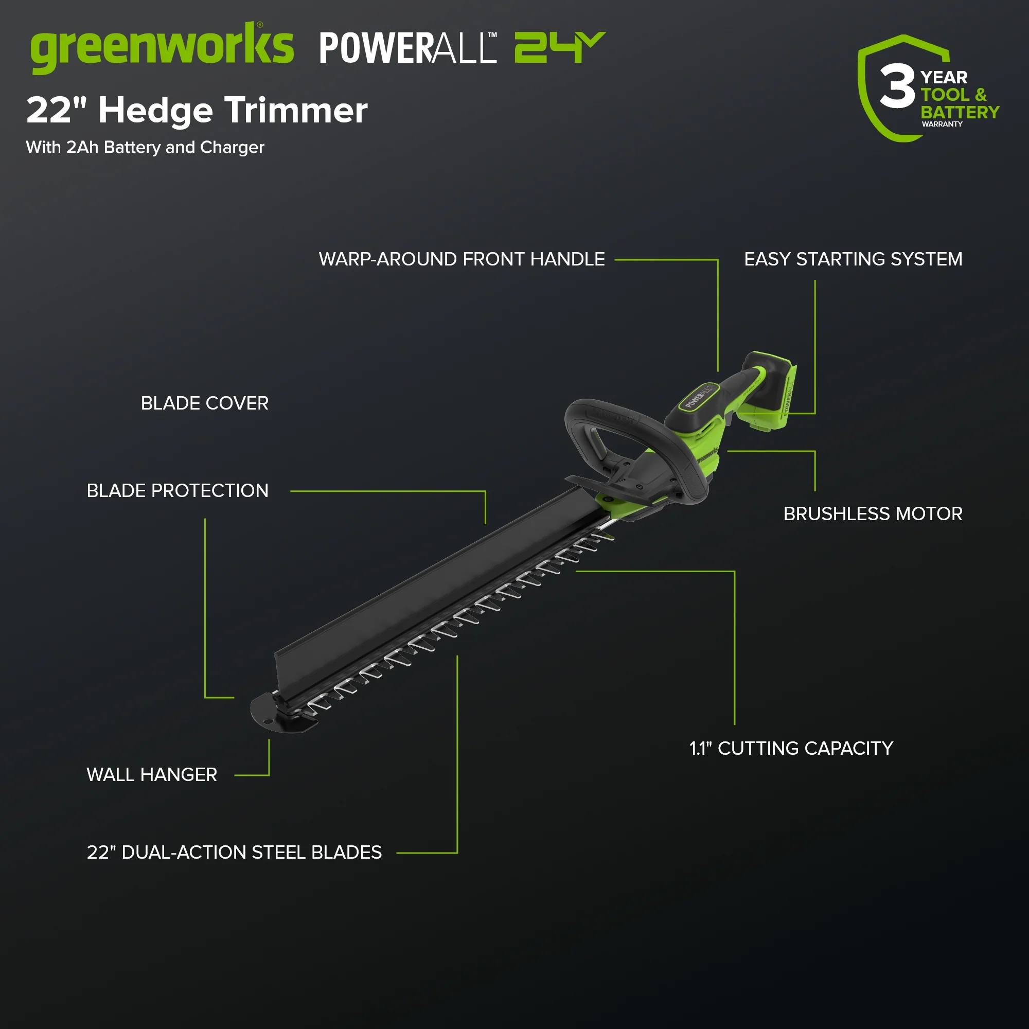 24V 22" Brushless (1.1" Cutting Capacity) Hedge Trimmer: 2.0Ah Battery and 30W Charger - Image 2