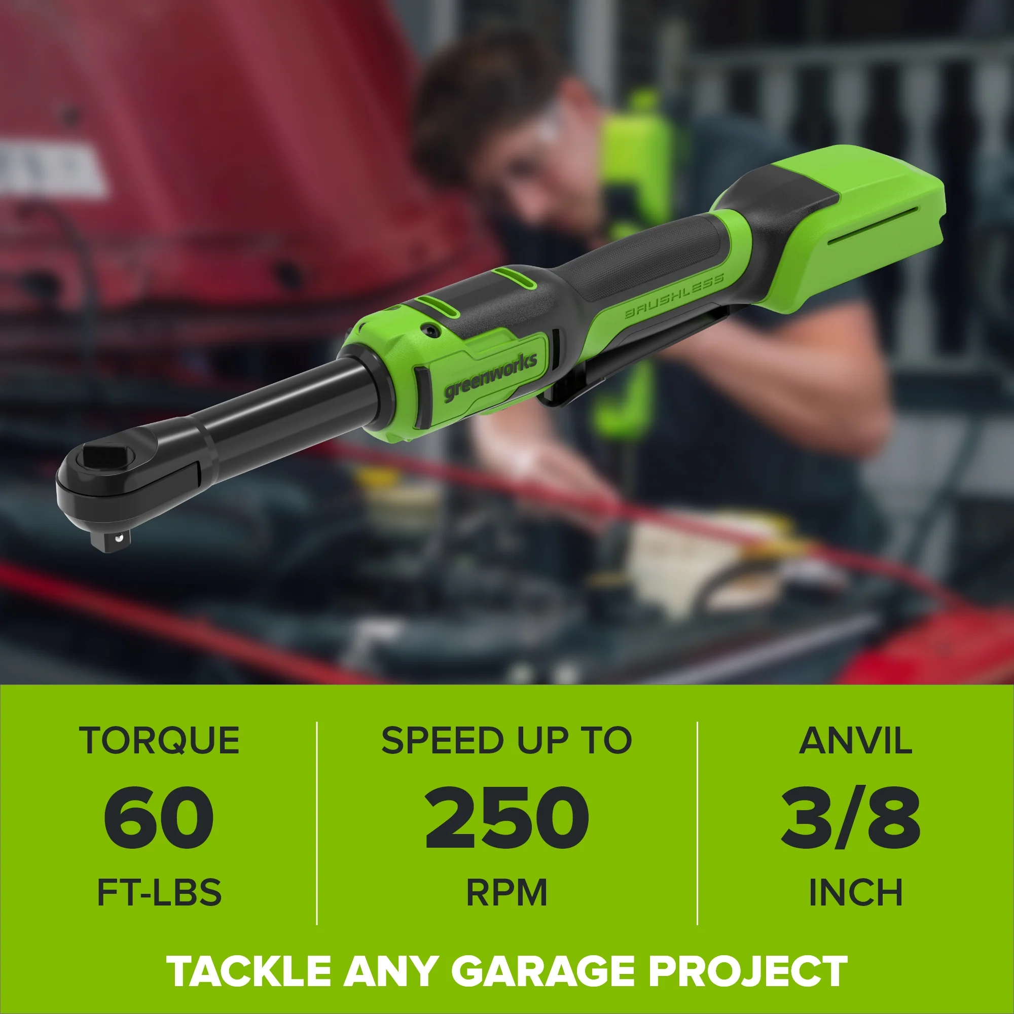 24V PowerAll 60 ft-lb 3/8" Extended Reach Ratchet Wrench, with 2.0 Ah Battery, 30W Charger, and 3' Cable - Image 2