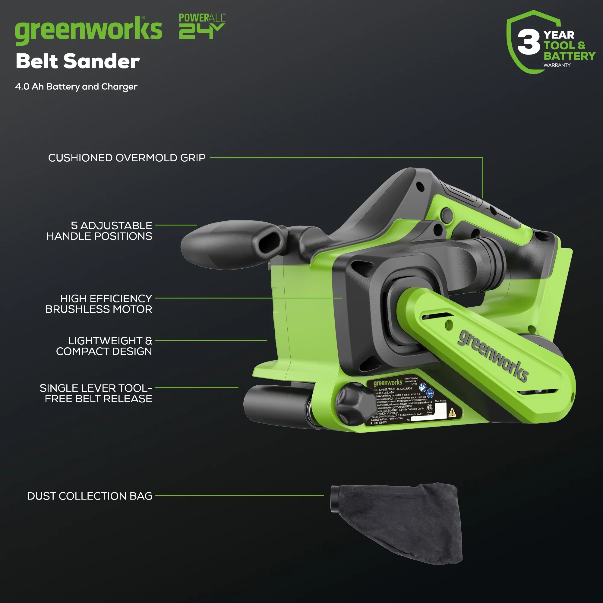 24V 3in x 18in Brushless Cordless Belt Sander and Dust Bag: 4.0 Ah Battery and Charger - Image 3