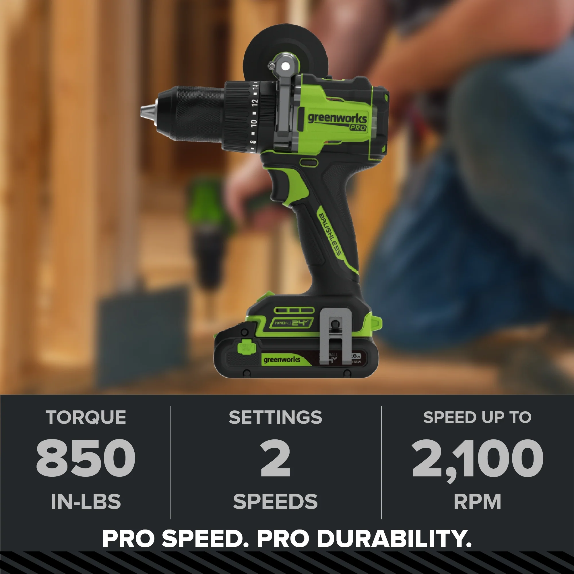 24V PowerAll Pro 850 in-lb 1/2" Hammer Drill, with 2.0 Ah USB-C Battery, 30W Charger, Belt Clip, and Auxiliary Handle - Image 2