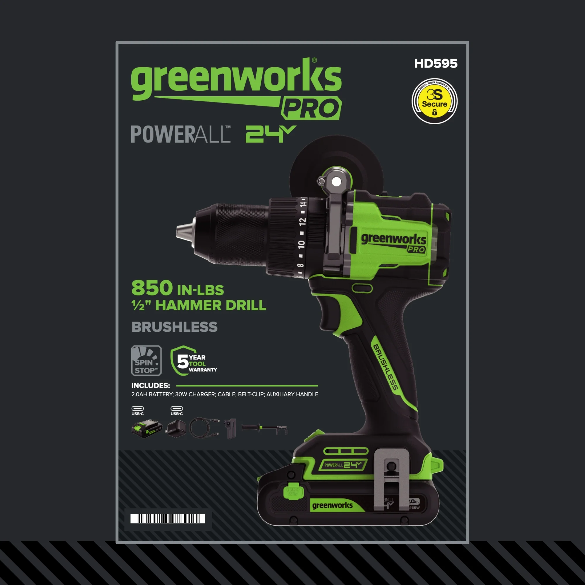 24V PowerAll Pro 850 in-lb 1/2" Hammer Drill, with 2.0 Ah USB-C Battery, 30W Charger, Belt Clip, and Auxiliary Handle - Image 22