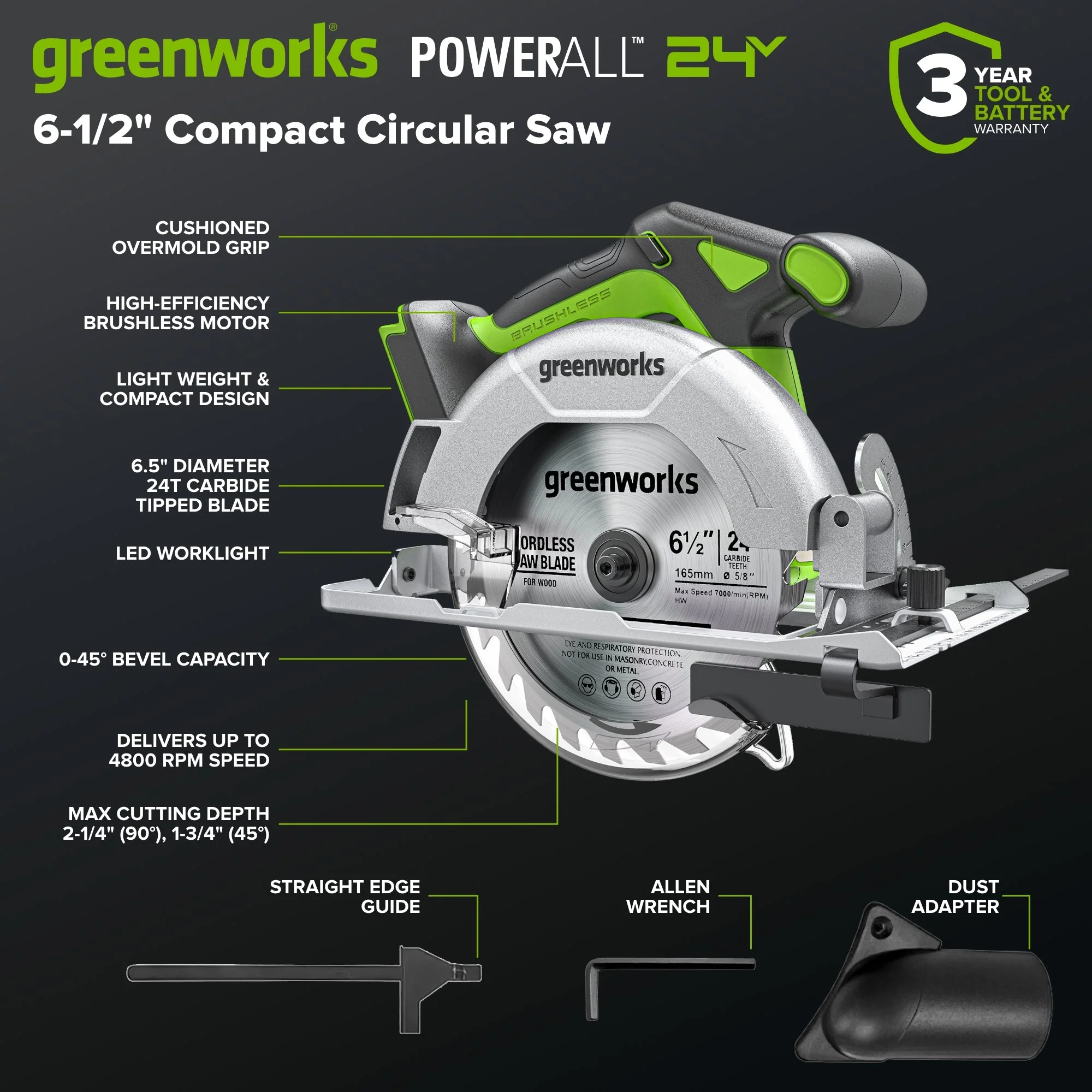 24V Brushless 1/2" 400 in/lbs Drill / Driver and 6.5" Circular Saw Combo Kit w/ (2) 2.0Ah USB-C Batteries and 65W USB-C Fast Charger - Image 5