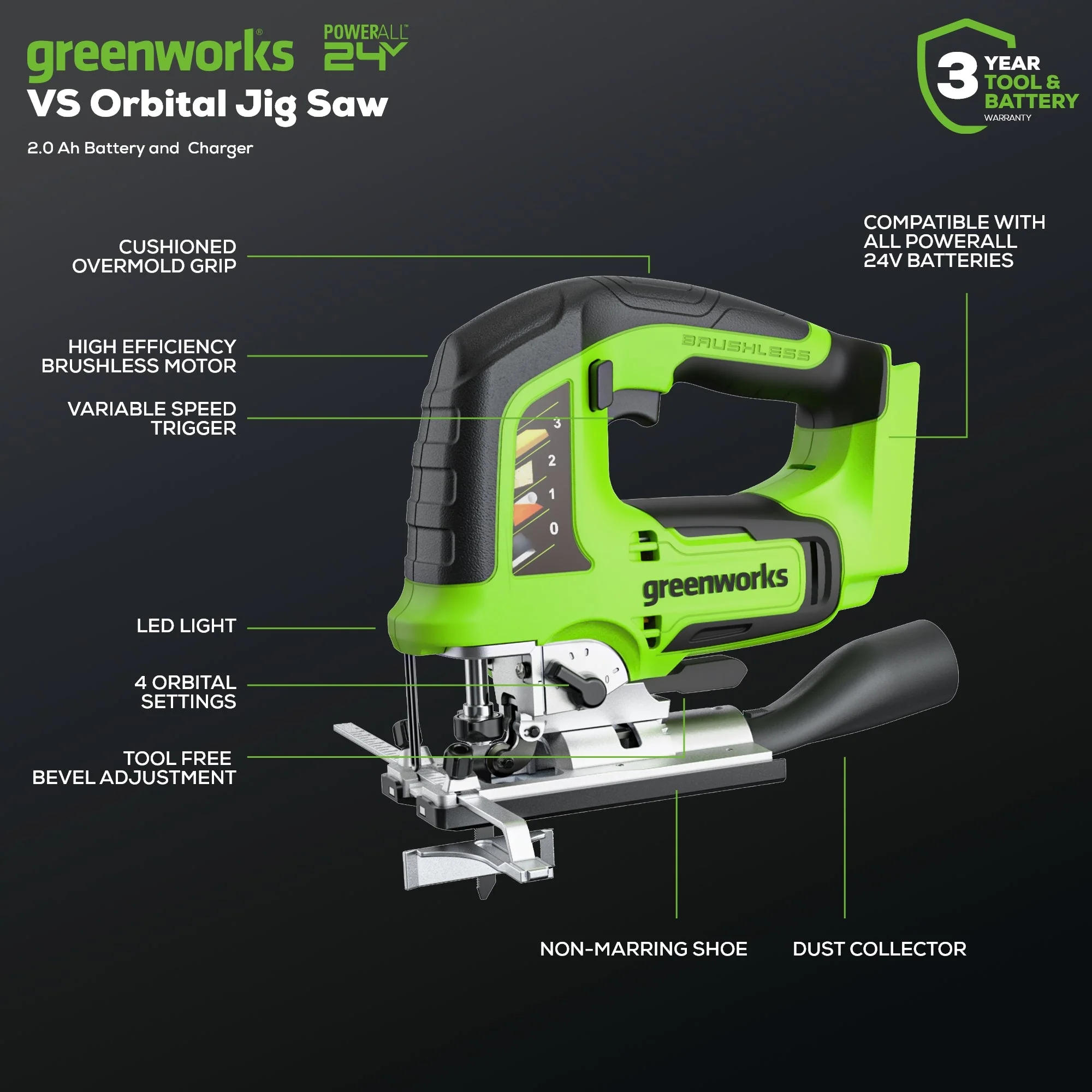 24V Cordless Battery Jig Saw: 4.0 Ah USB Battery and Charger - Image 2