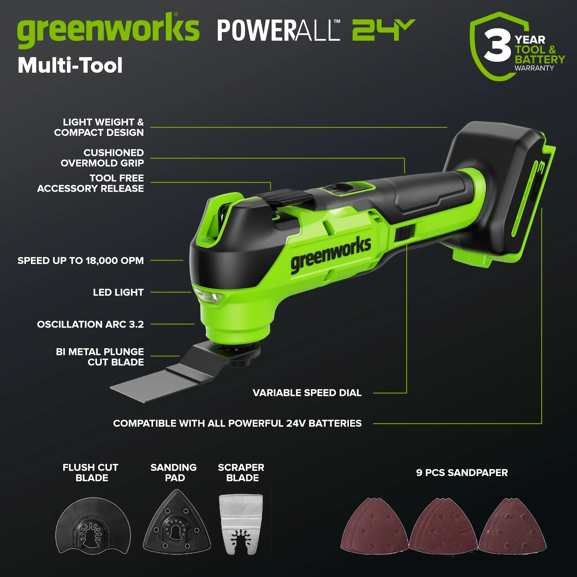 24V Brushless Power Tool 5PC Combo Kit, (1) 4.0 Ah and (1) 2.0 Ah USB-C Batteries and Charger - Image 8