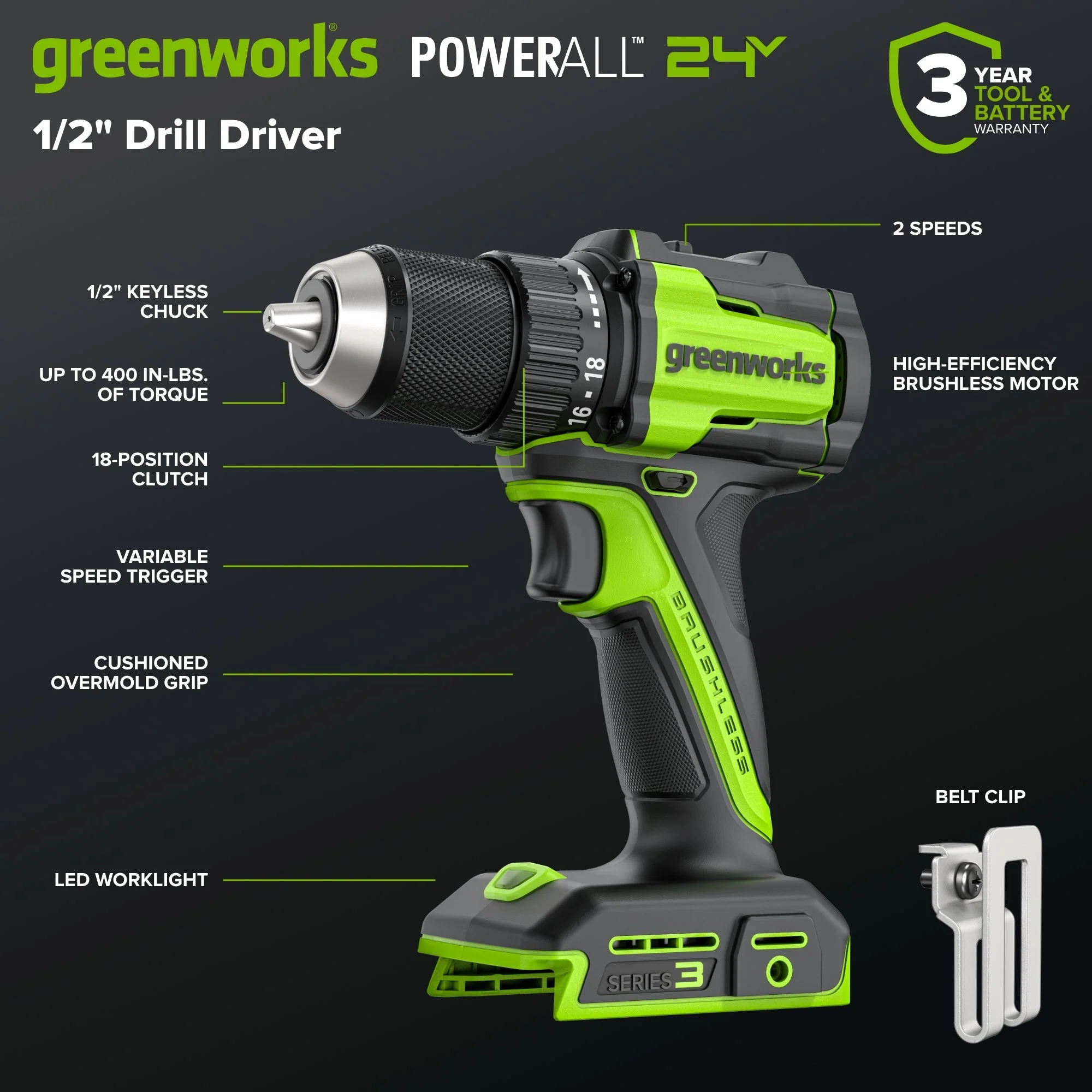 24V Cordless Battery 1/2" 400 in/lbs Drill Driver (Tool Only) - Image 2