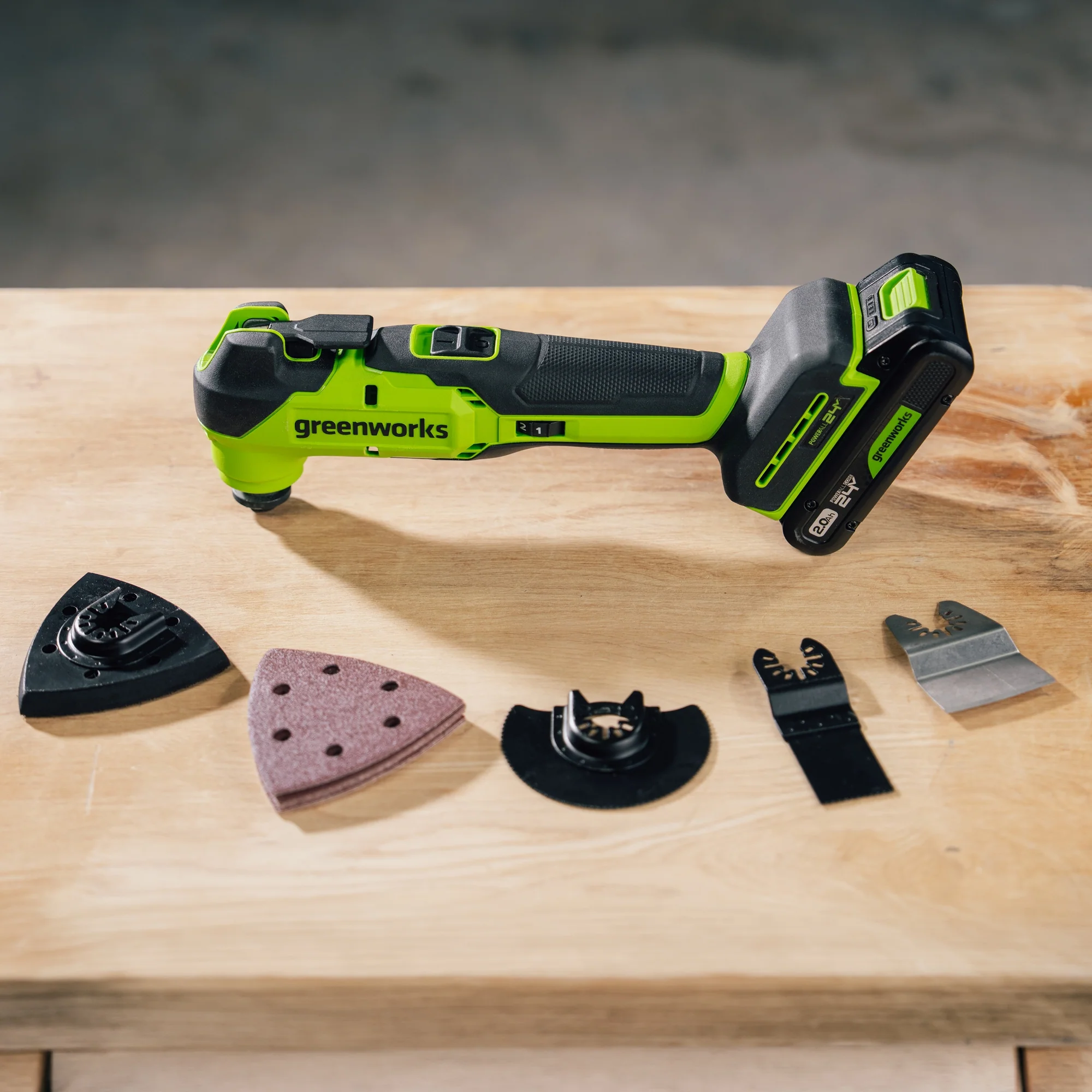 24V PowerAll 3.2˚ Oscillating Multi-Tool, with Plunge Cut Blade, Scraper Blade, Flush Cut Blade, Sanding Plate, (9) Sanding Pads - Image 3