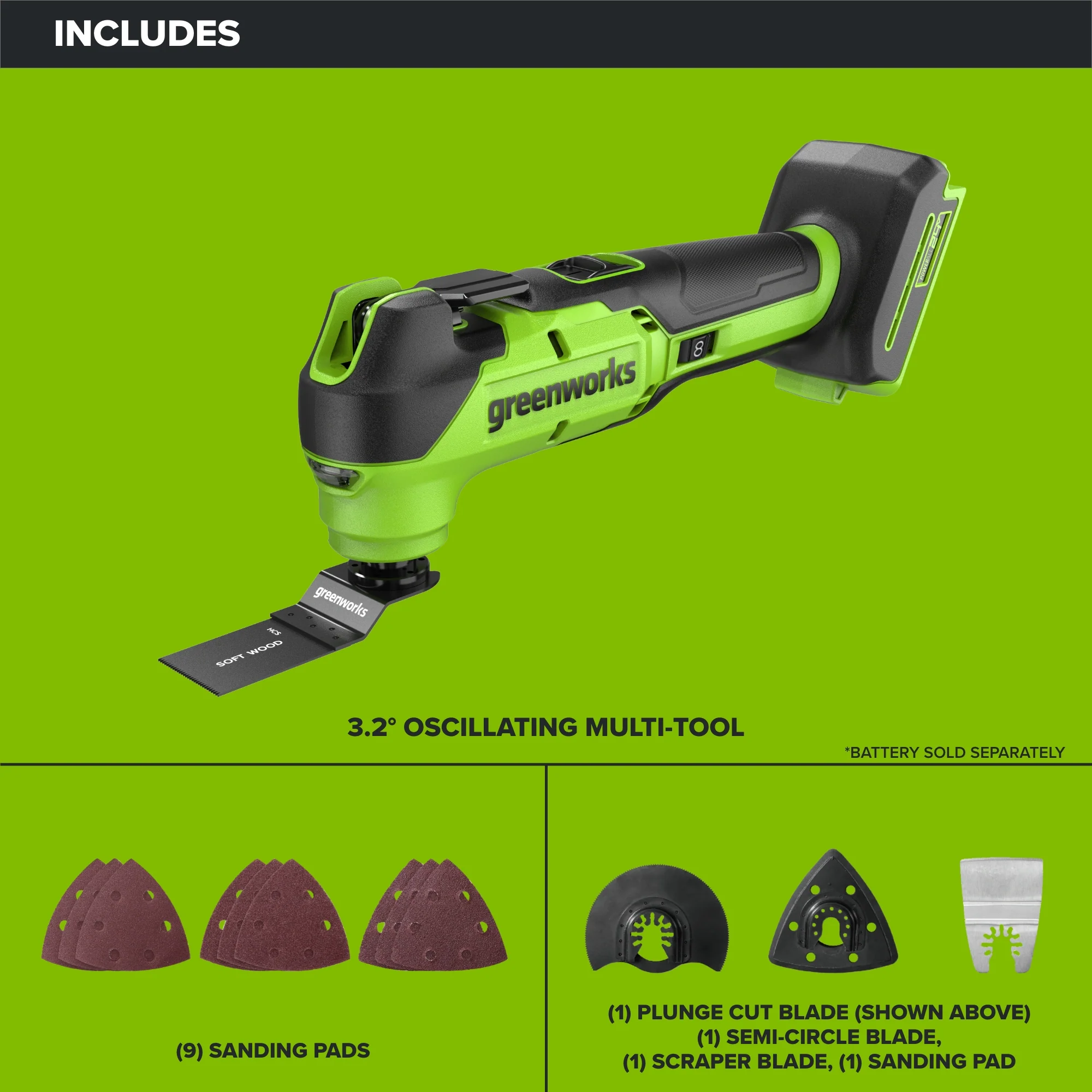 24V PowerAll 3.2˚ Oscillating Multi-Tool, with Plunge Cut Blade, Scraper Blade, Flush Cut Blade, Sanding Plate, (9) Sanding Pads - Image 4