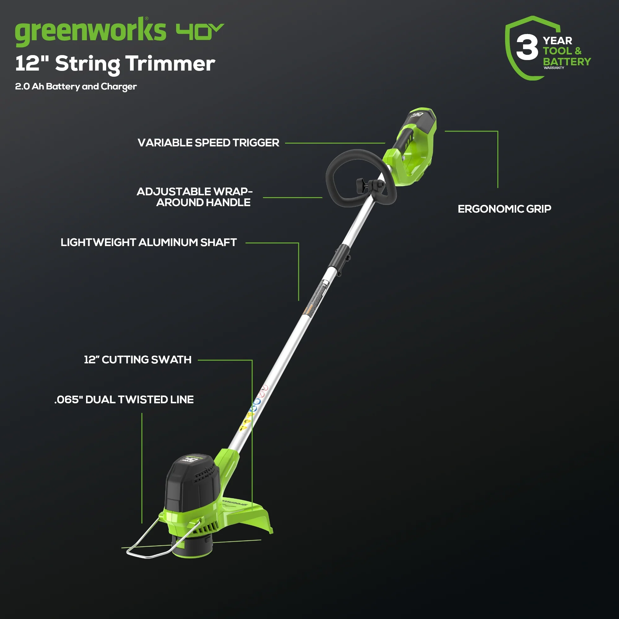 40V 12" Cordless String Trimmer and 390CFM Leaf Blower Combo Kit w/ 2.0Ah Battery & Charger - Image 2