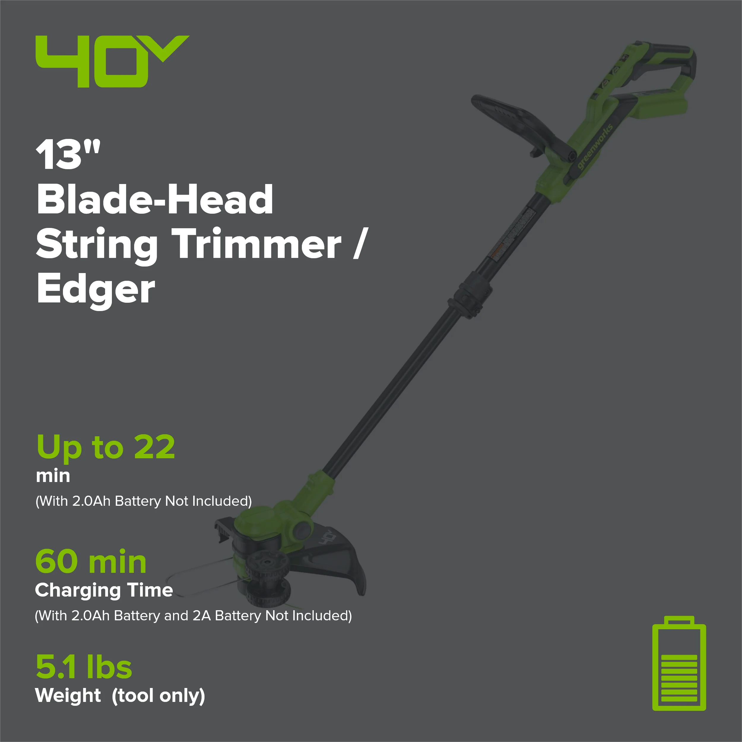 40V 13" Cordless Battery String Trimmer / Edger, 20PC Blades (Tool Only) - Image 2