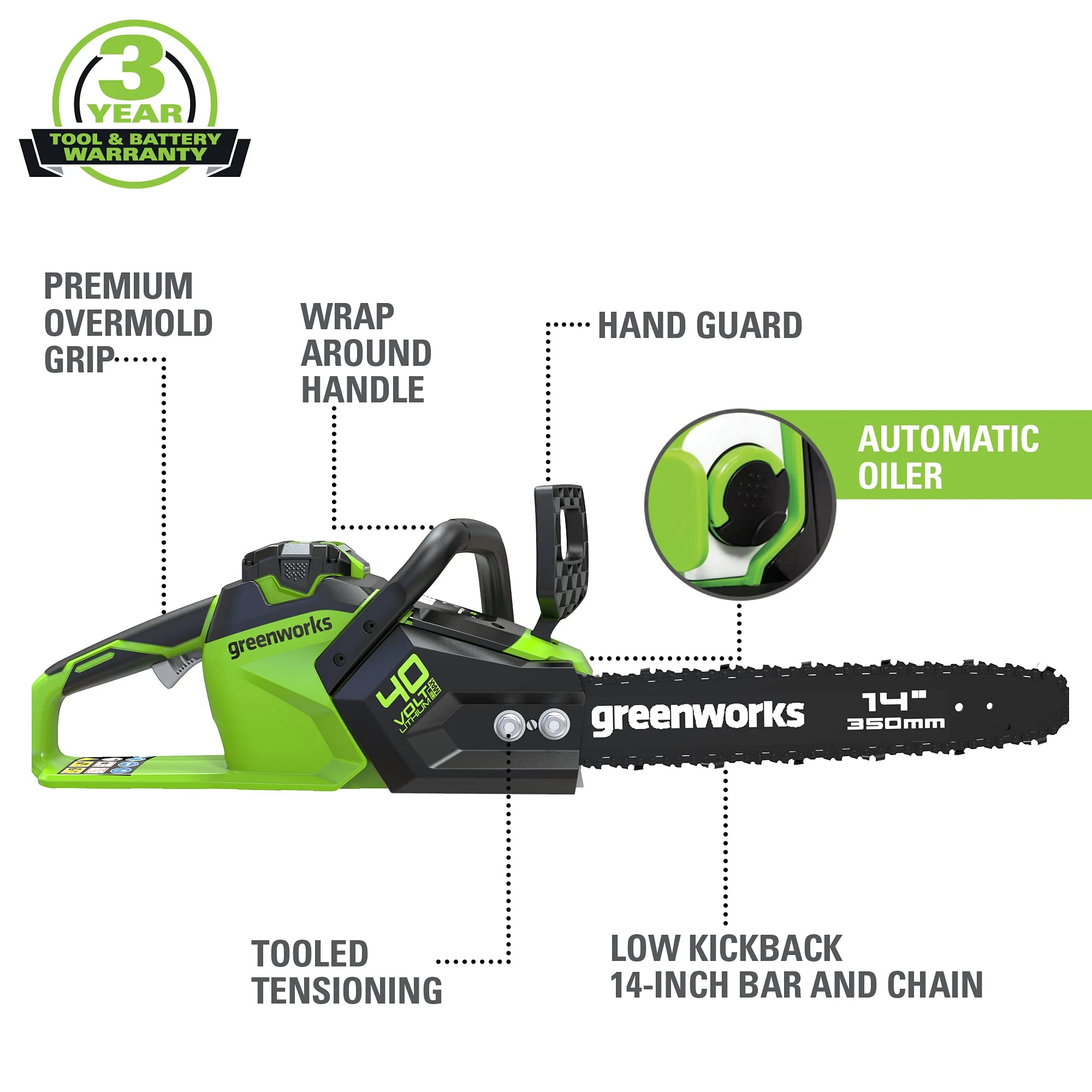 40V 14" 1.5kW Cordless BatteryBrushless Chainsaw (Tool Only) - Image 3