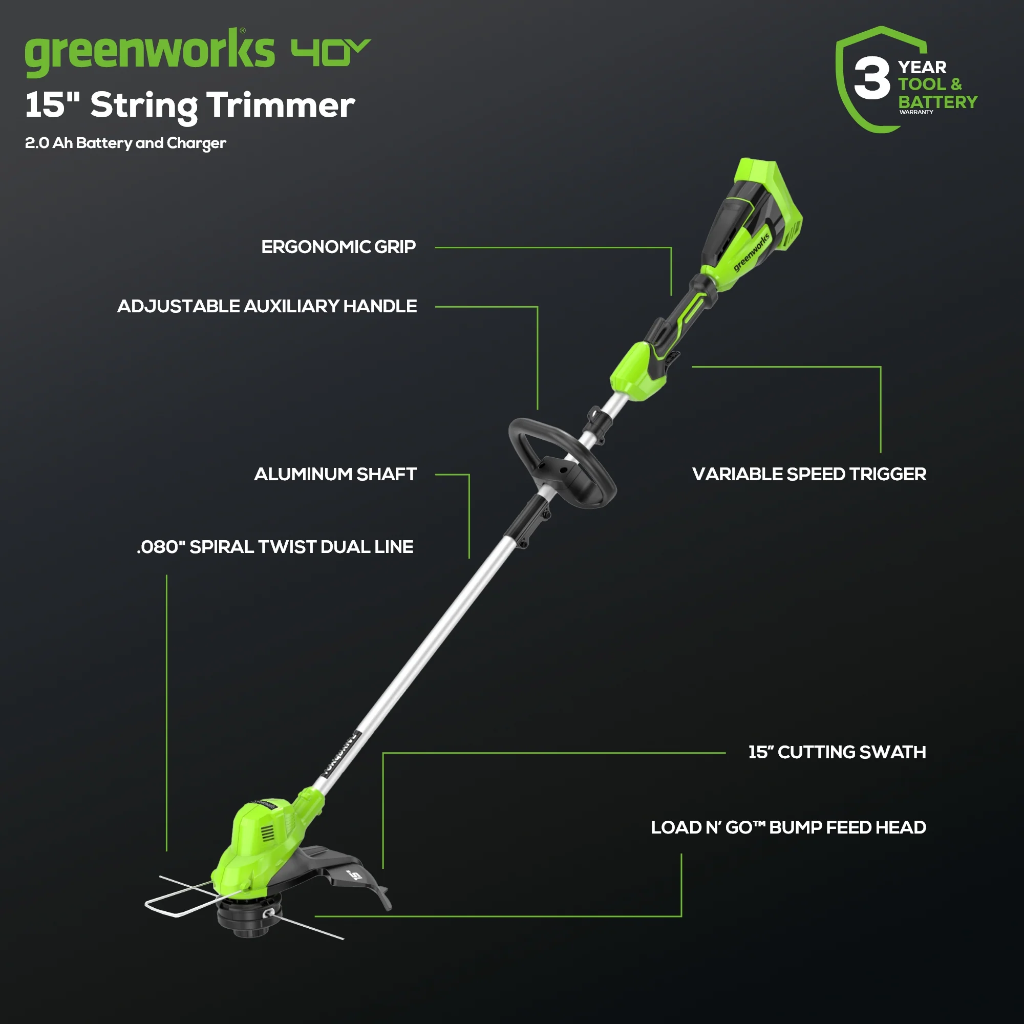 40V 15" Gen 2 Cordless String Trimmer: 2.0 Ah Battery and Charger - Image 3
