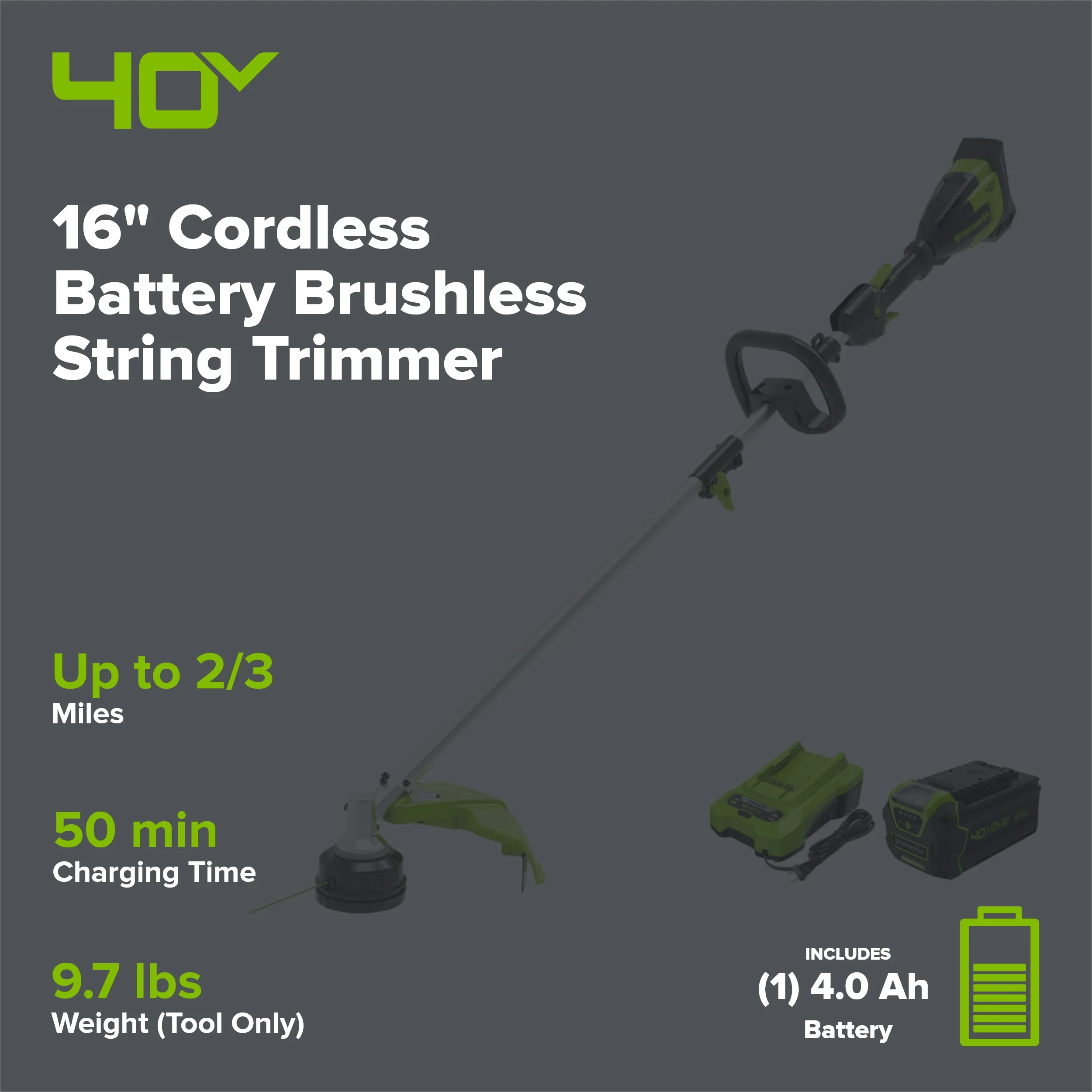 40V 16" Cordless Battery Brushless String Trimmer (Attachment Capable): 4.0 Ah Battery and Charger - Image 2