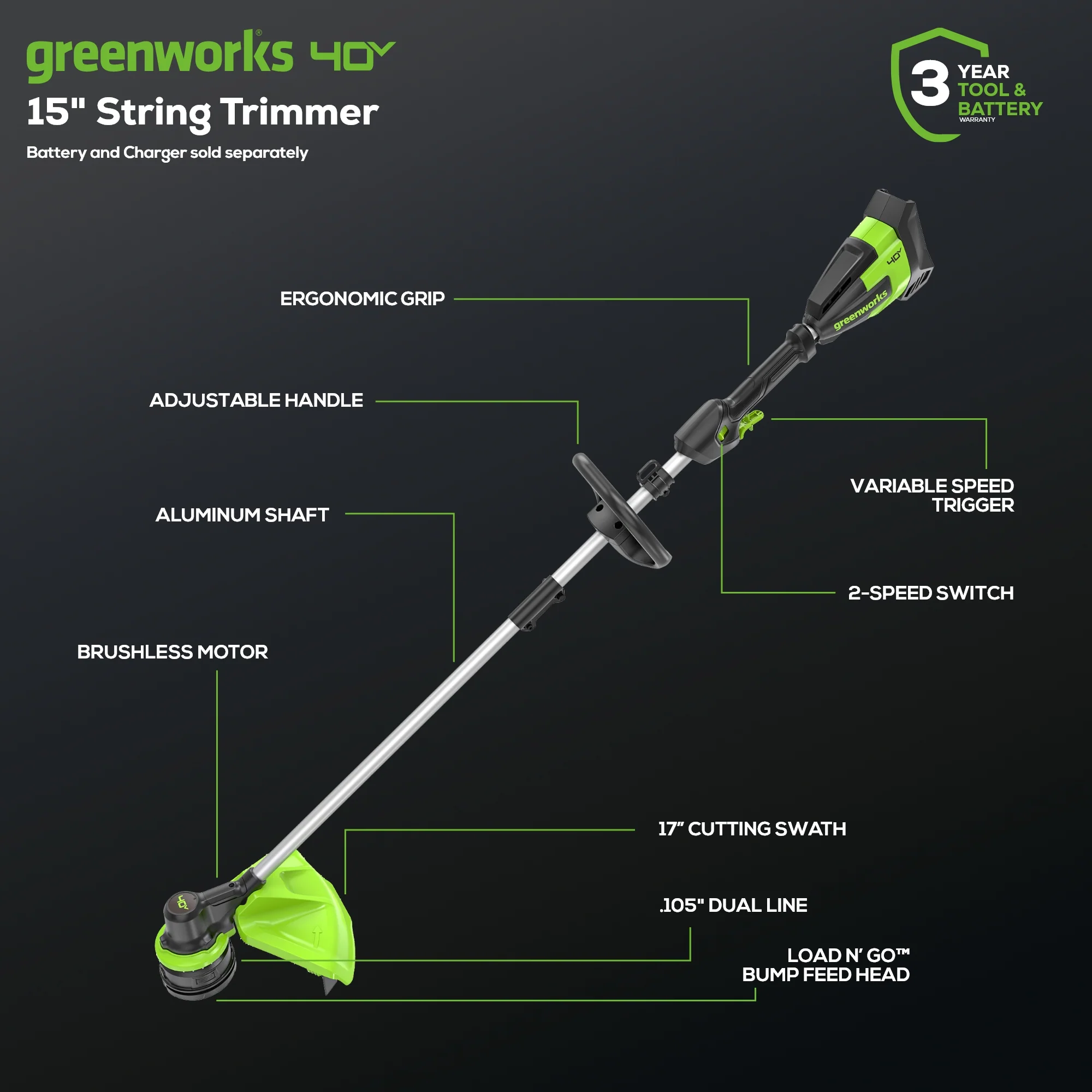 40V 17" Cordless Battery String Trimmer (Tool Only) - Image 3