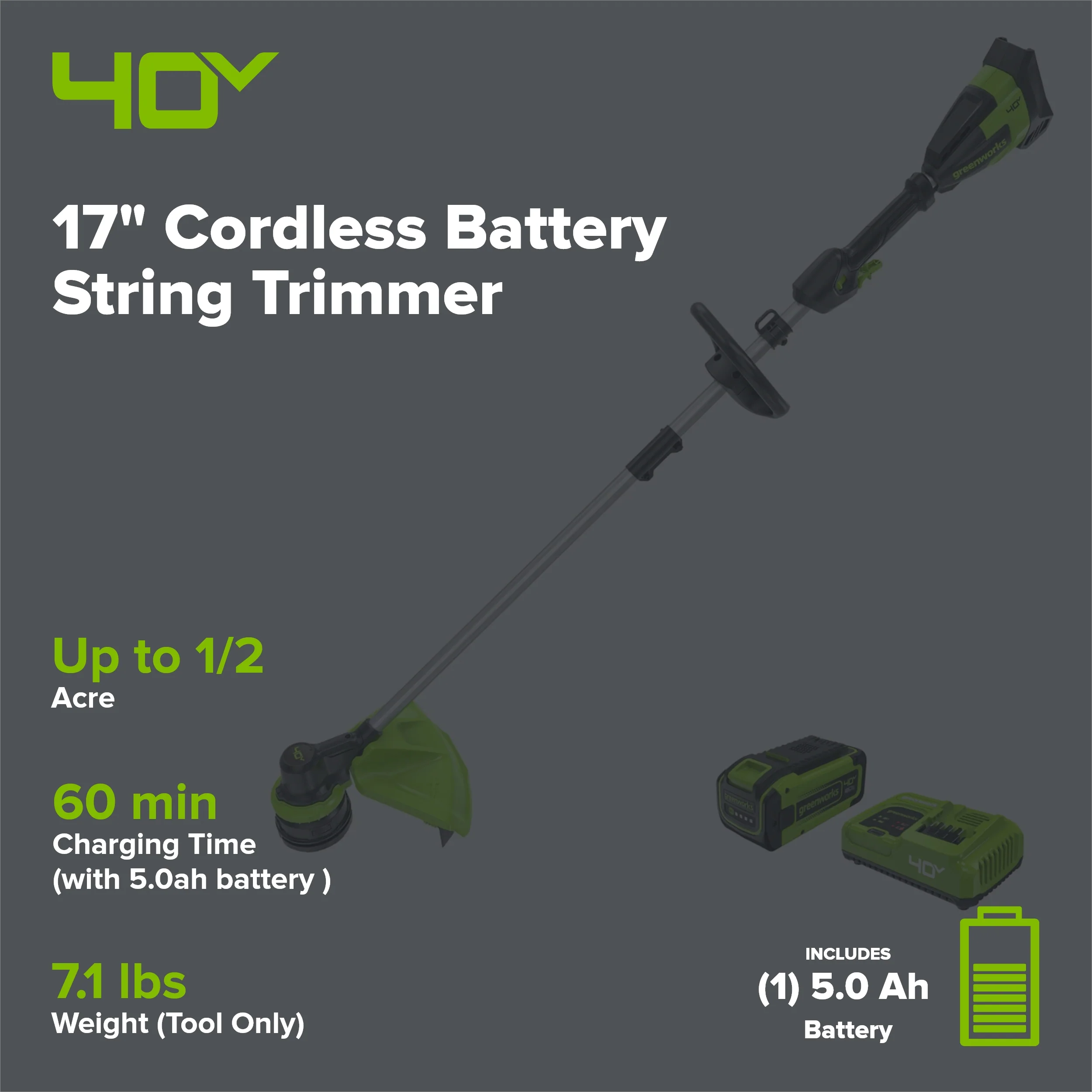 40V 17" Cordless Battery String Trimmer: 5.0 Ah Battery and 5A Charger - Image 2