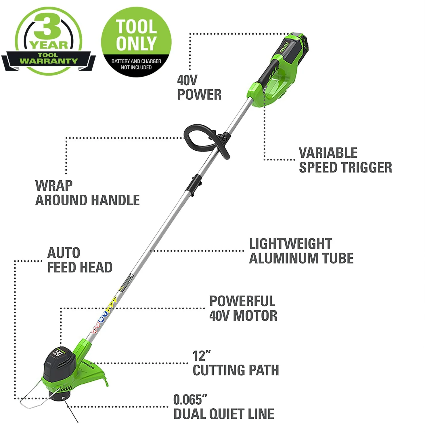 40V 8" Cordless Battery Edger and 12" String Trimmer Combo Kit w 4.0 Ah Battery and Charger - Image 12
