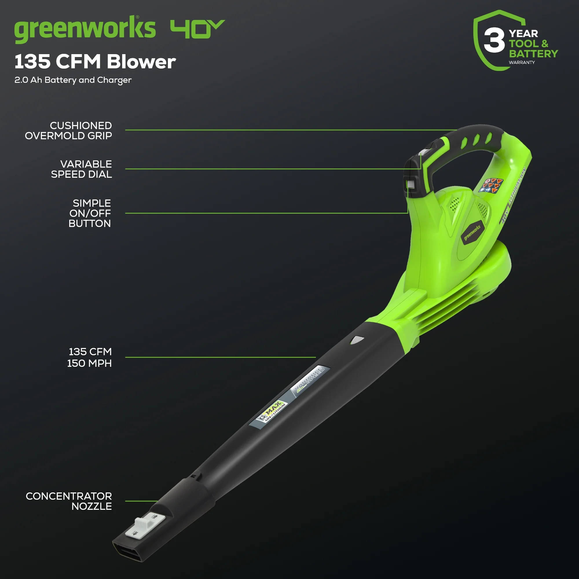 40V 135 CFM Cordless Battery Leaf Blower: 2.0 Ah Battery and Charger - Image 3