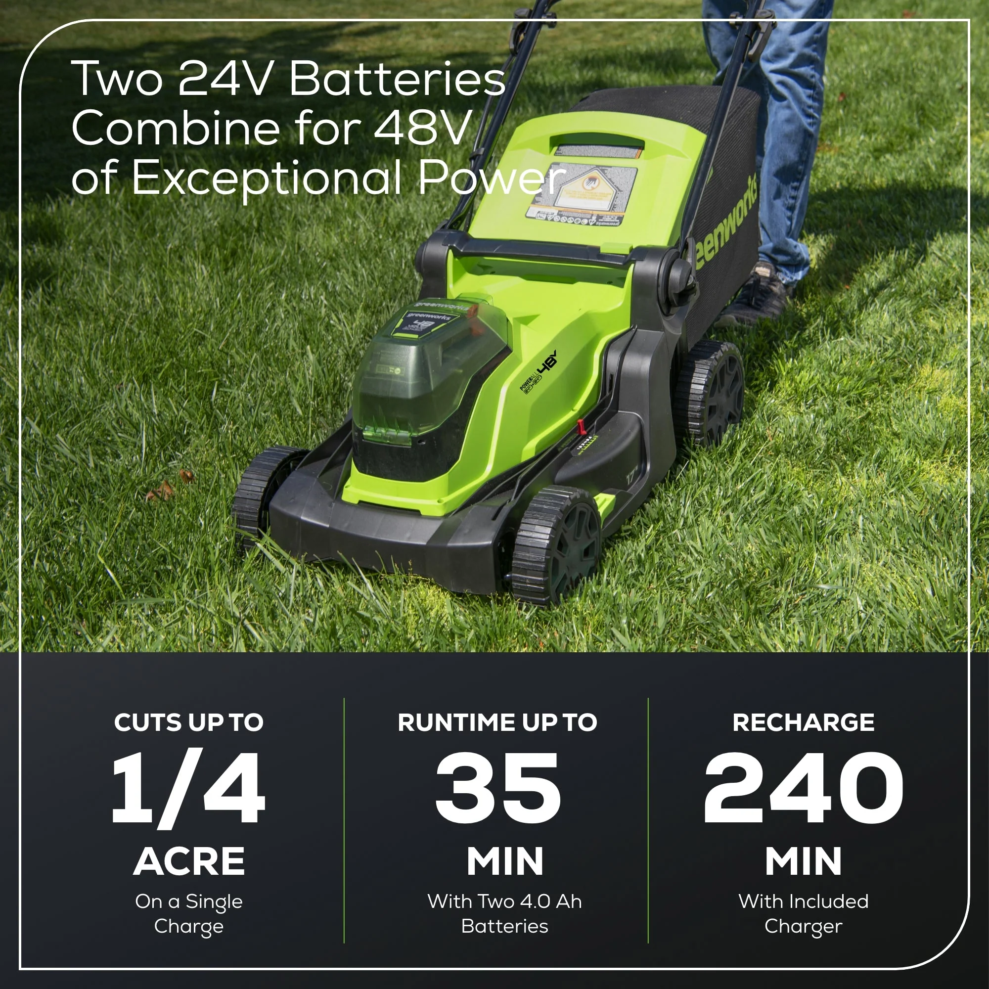 48V (24V x 2) 17" Cordless Battery Push Lawn Mower: (2) 4.0 Ah Batteries and Dual-Port Charger, LM1702 - Image 4