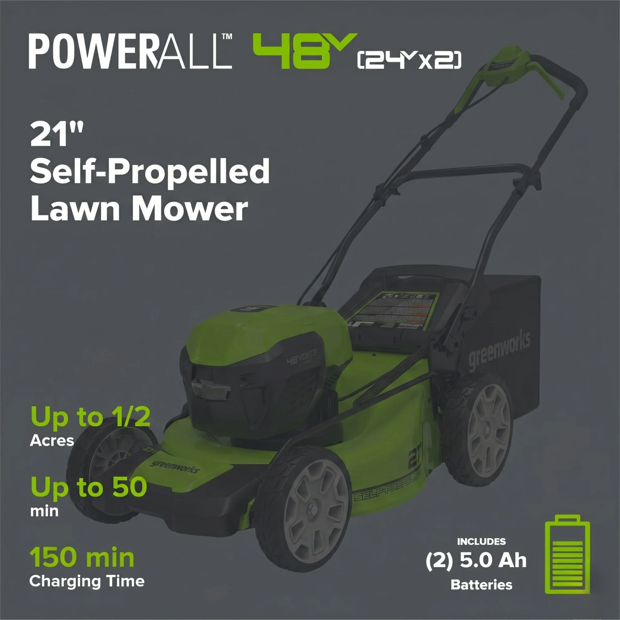 OPEN BOX 48V (24V x 2) 21" Cordless Battery Self-Propelled Mower 3PC Combo Kit: (2) 5.0Ah Batteries,(1) 2.0 Ah Battery,(1) Dual-Port Rapid Charger and (1) Charger - Image 2