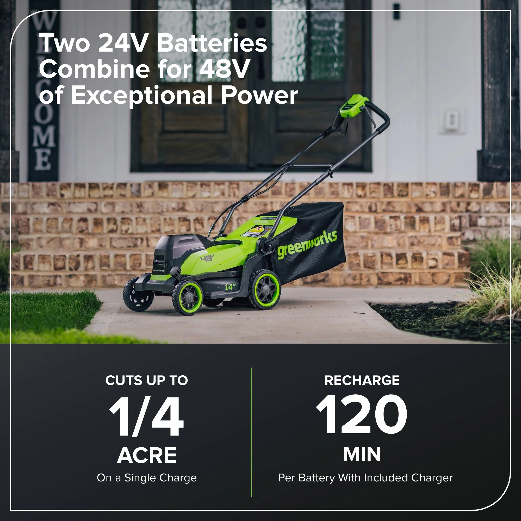48V (24V x 2) 14" Cordless Battery Brushless Push Lawn Mower: (2) 4.0 Ah Battery and 2A Dual-port Charger, LM1412 - Image 4
