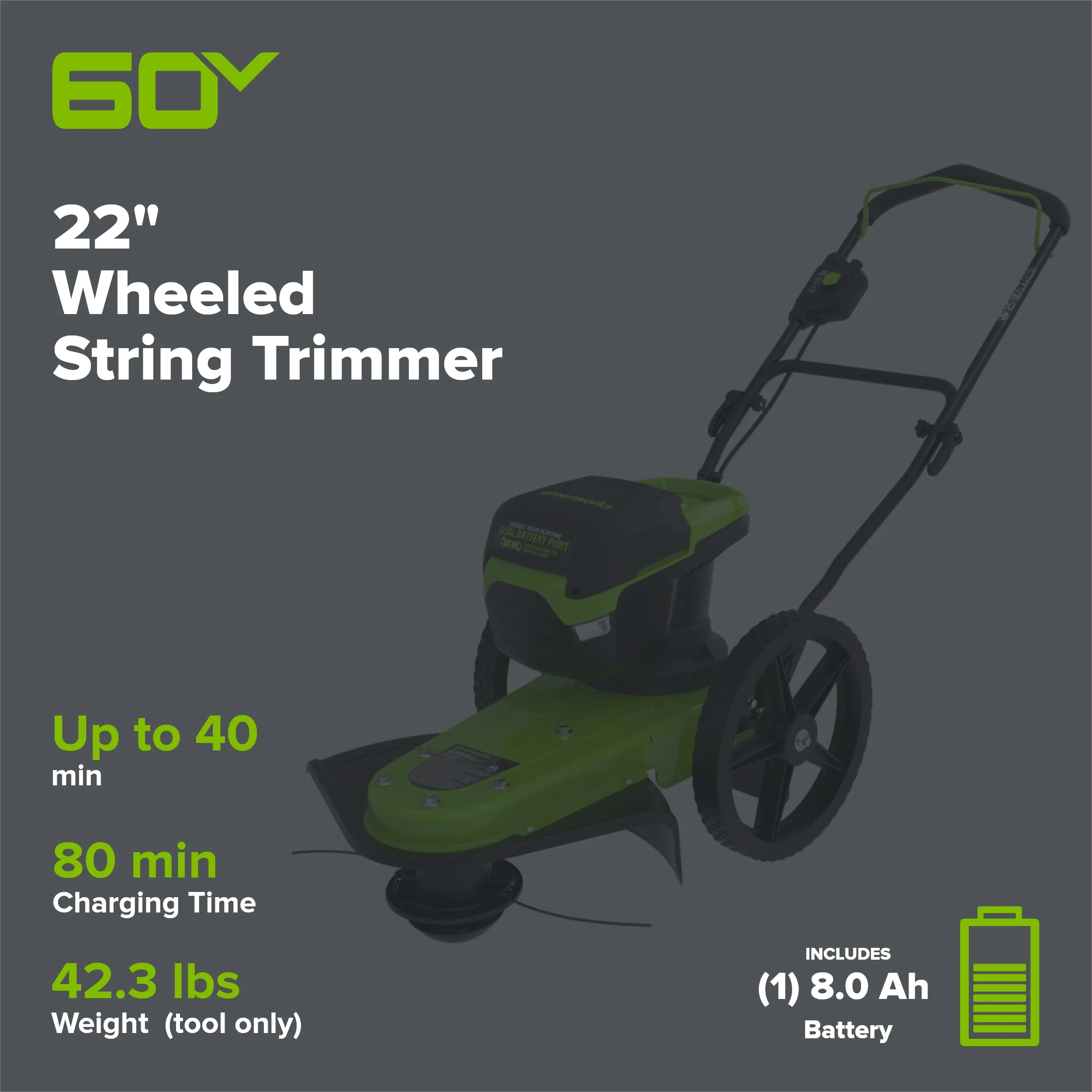 60V 22" Cordless Battery Wheeled String Trimmer, 8.0 Ah Battery and Charger - Image 2
