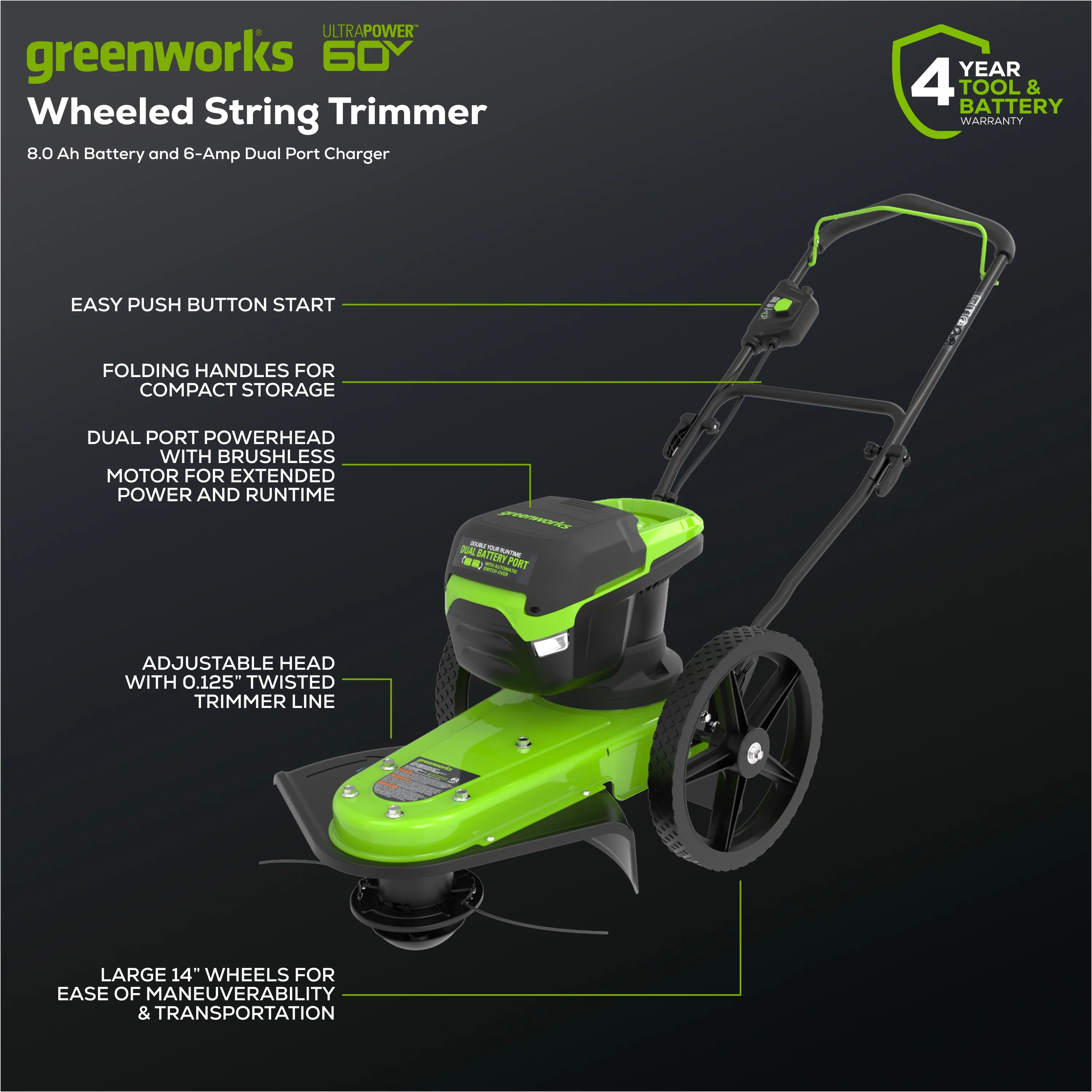 60V 22" Cordless Battery Wheeled String Trimmer, 8.0 Ah Battery and Charger - Image 3