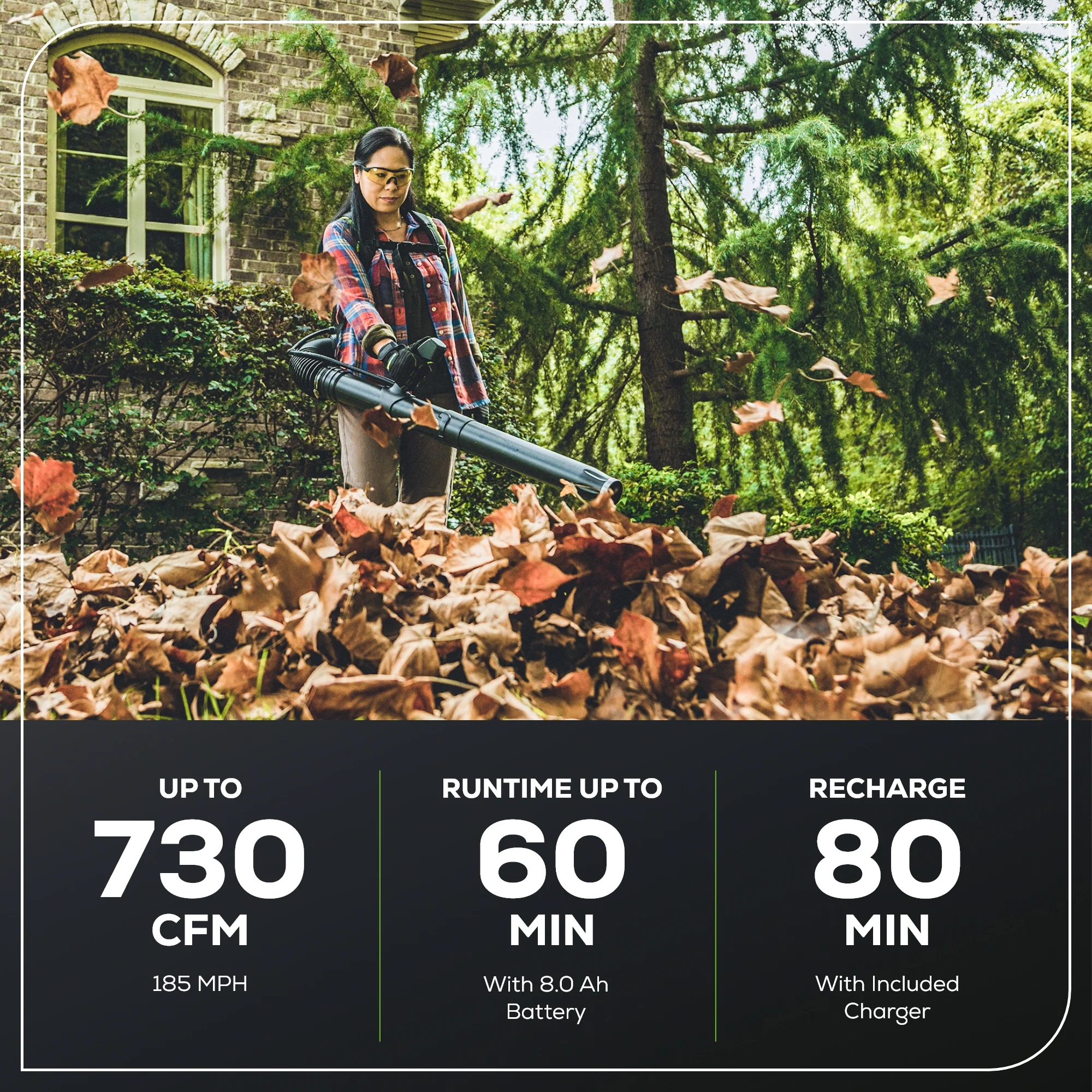 60V 730 CFM Cordless Battery Brushless Backpack Blower, 8.0 Ah Battery and Charger - Image 4