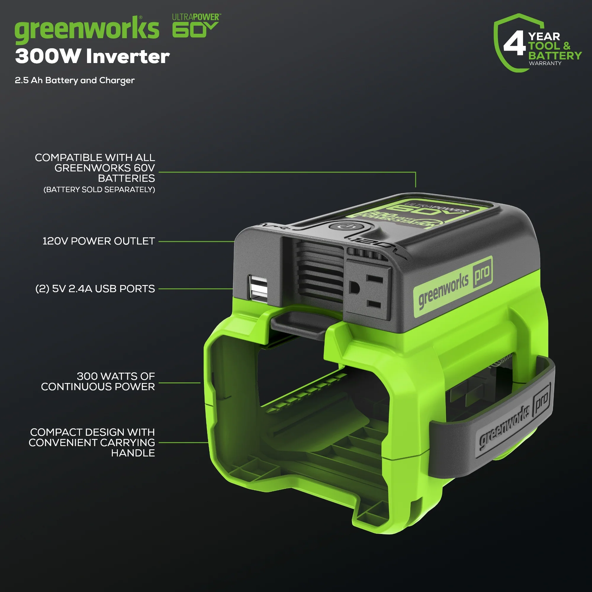 60V Cordless Battery 300 Watt Power Inverter: 2.5 Ah Battery and Charger - Image 3