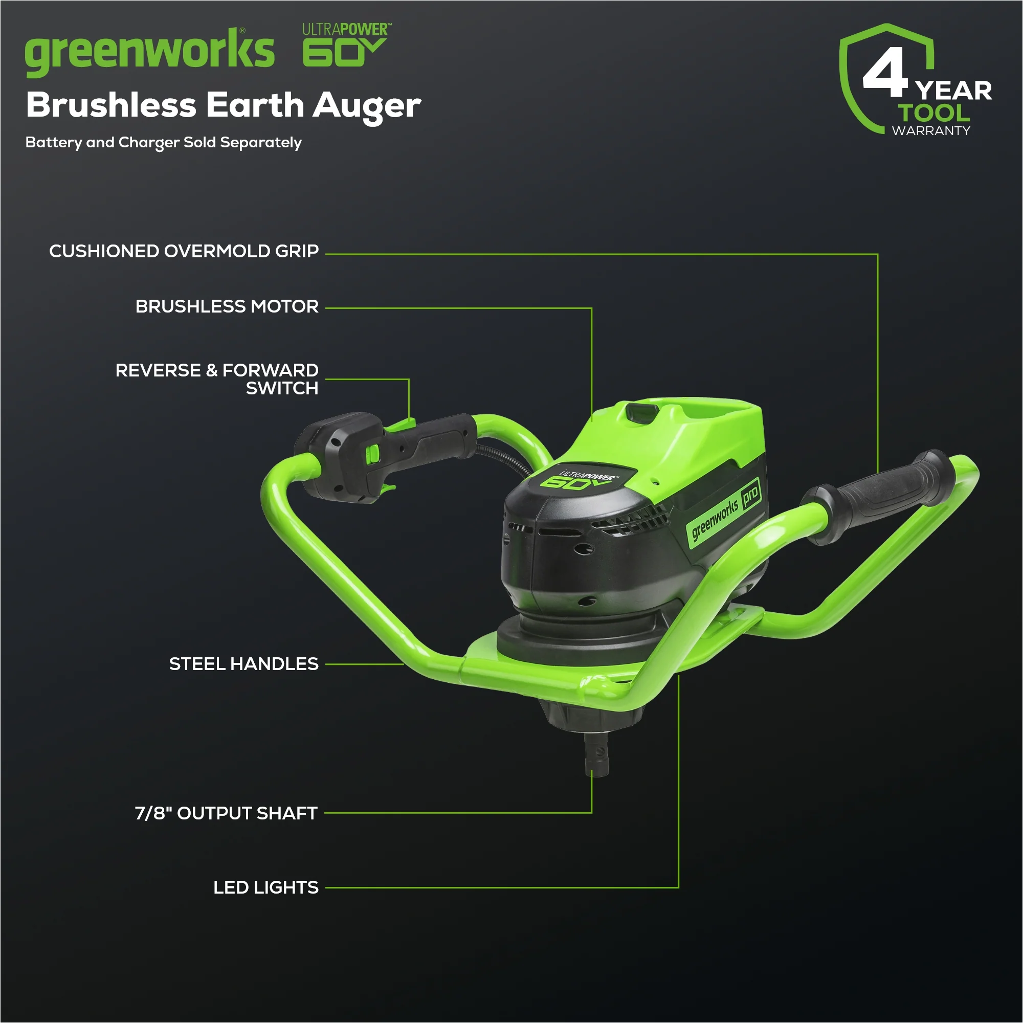 60V Cordless Battery Brushless Earth Auger / Post Hole Digger (Tool Only) - Image 2