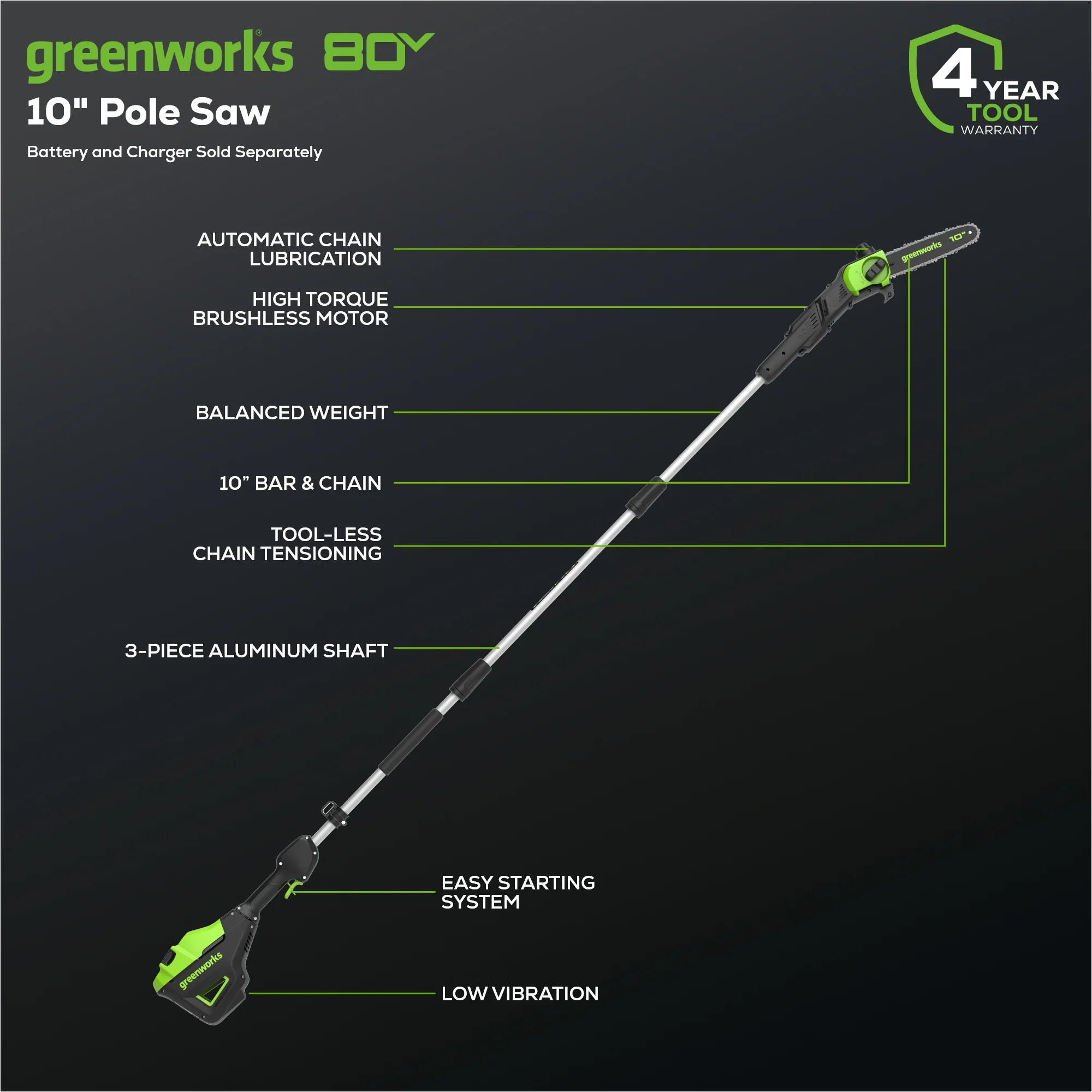 80V 10" Gen2 Cordless Battery Pole Saw (Tool Only) - Image 3