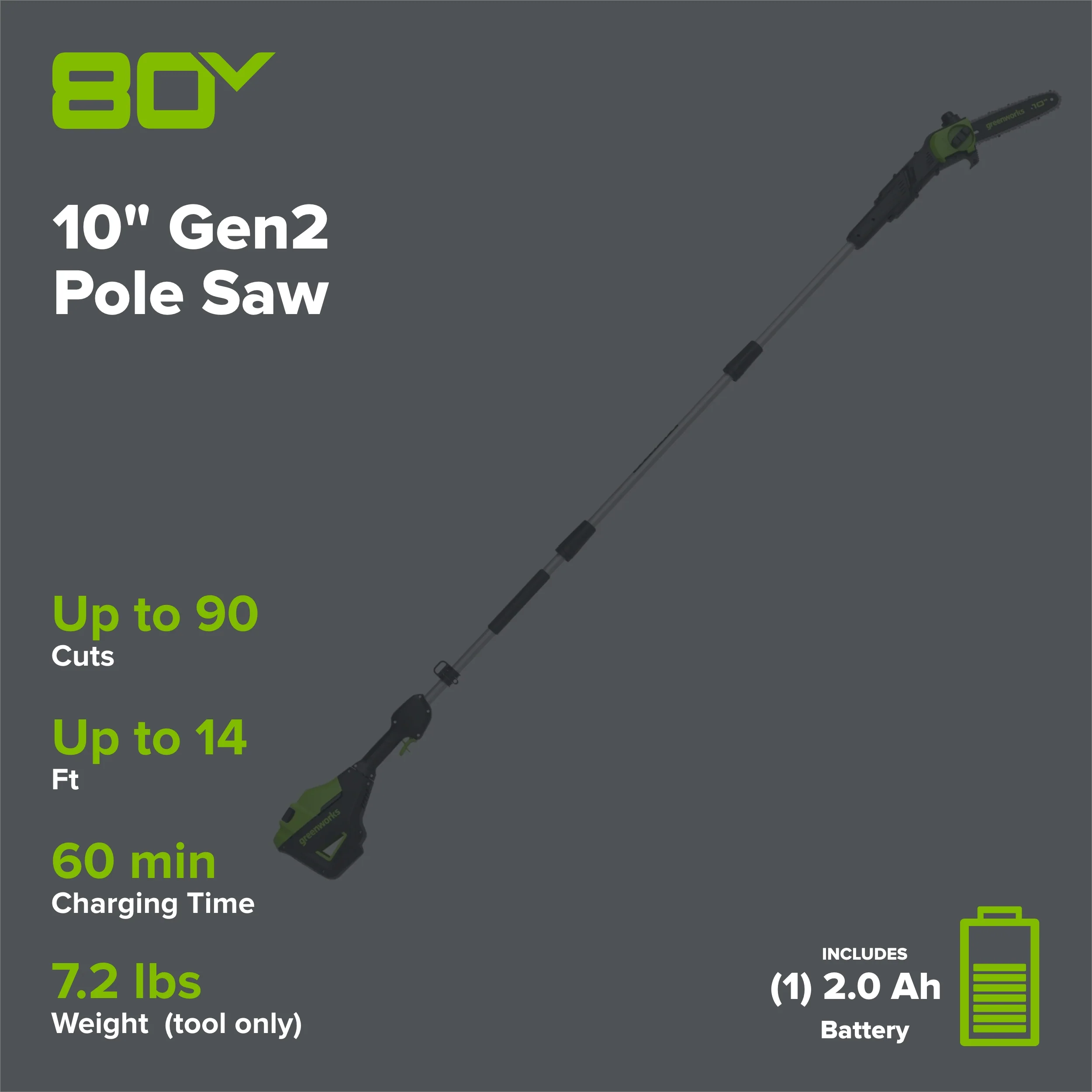 80V 10" Gen2 Cordless Battery Pole Saw: 2.0 Ah Battery and Rapid Charger - Image 2