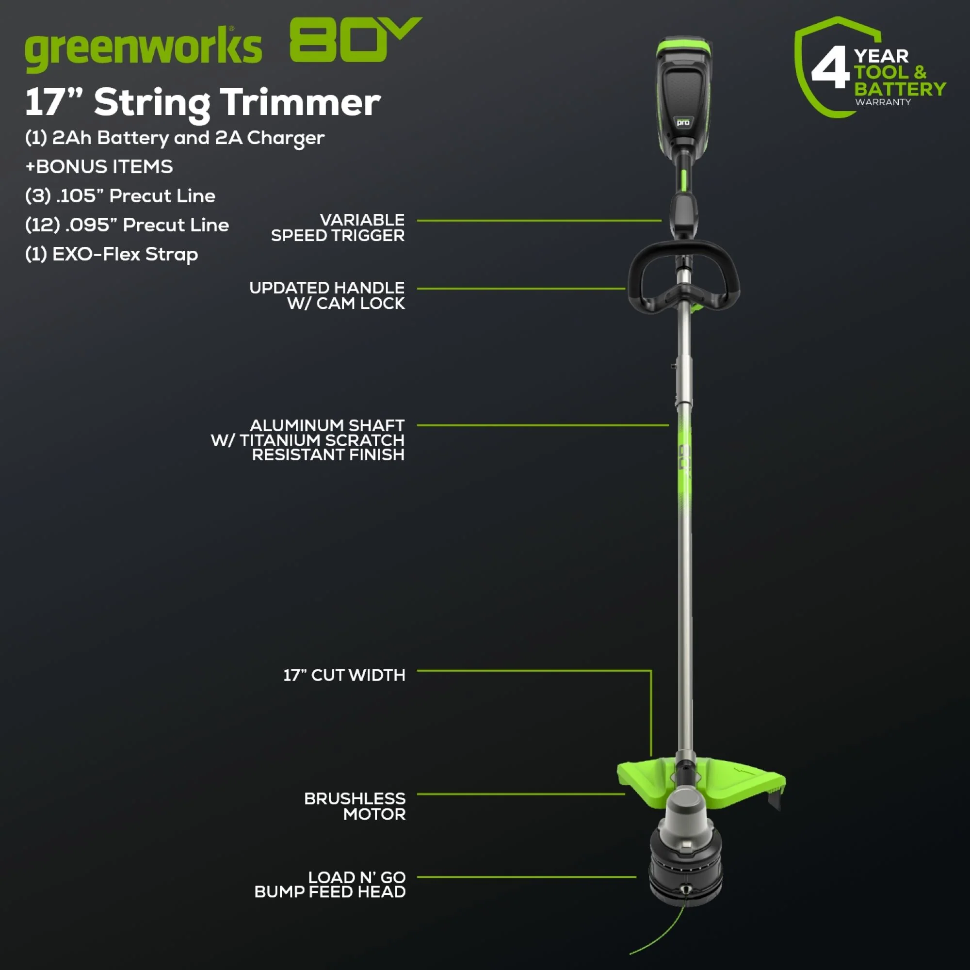 80V 17" Brushless String Trimmer: 2.0 Ah Battery and Charger - Image 2