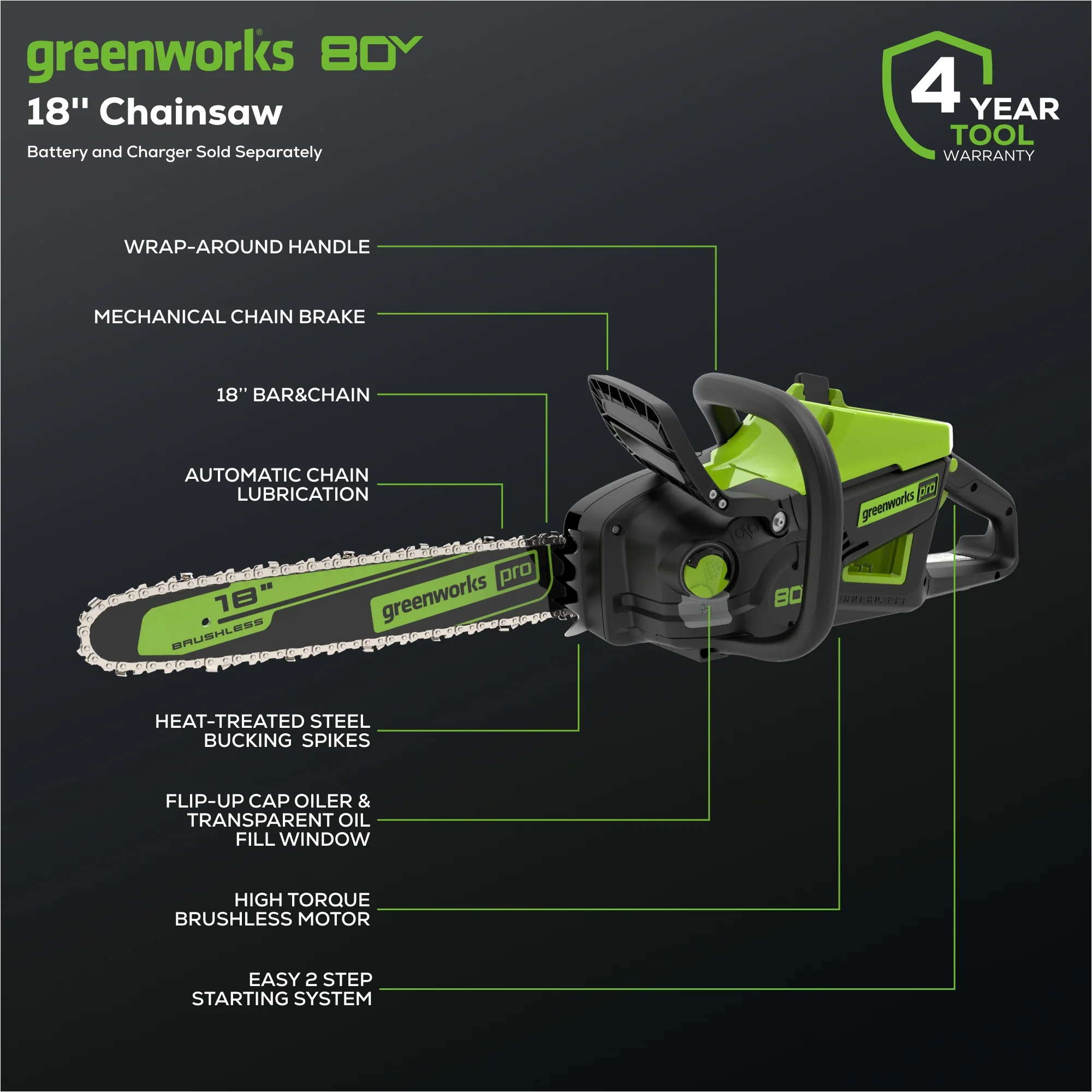 80V 18" Cordless Battery 2.5kW Chainsaw (Tool-Only) - Image 3