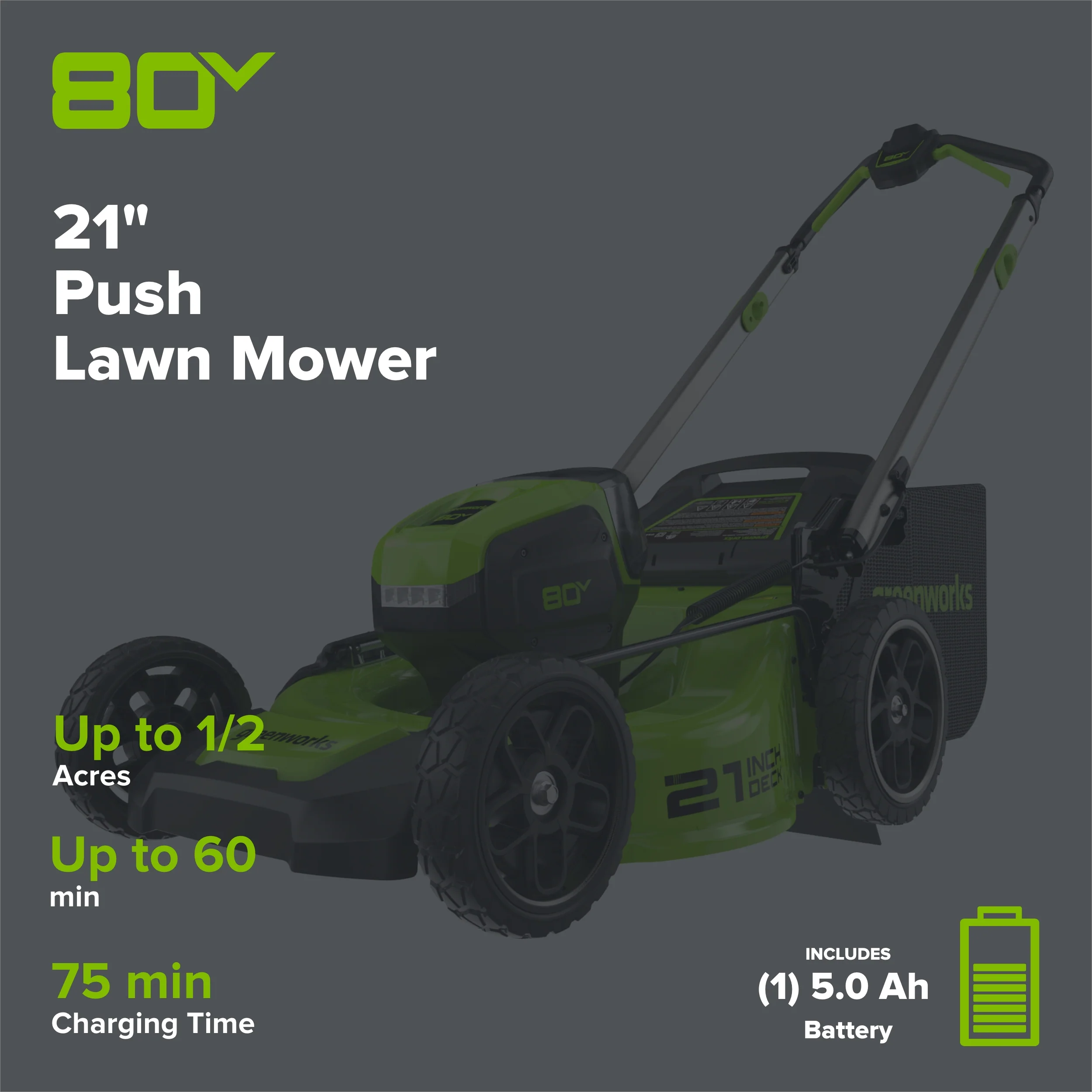 80V 21" Cordless Battery 4-in-1 Push Lawn Mower: 5.0 Ah Battery and 4A Charger, LM2108 - Image 2