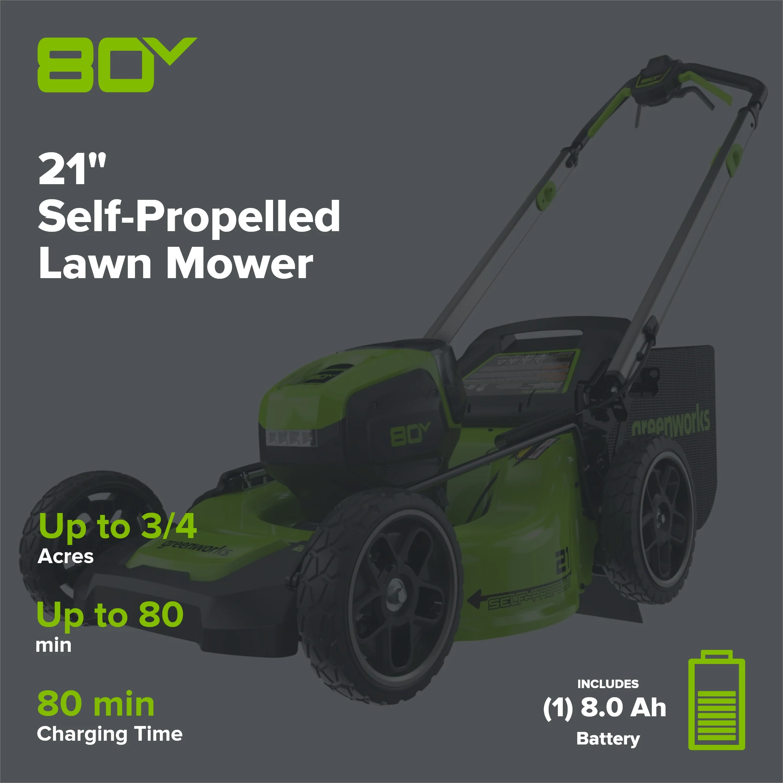 80V 21" Cordless Battery 4-in-1 Self-Propelled Lawn Mower, 8.0 Ah Battery and 6A Charger, LM2108S - Image 2