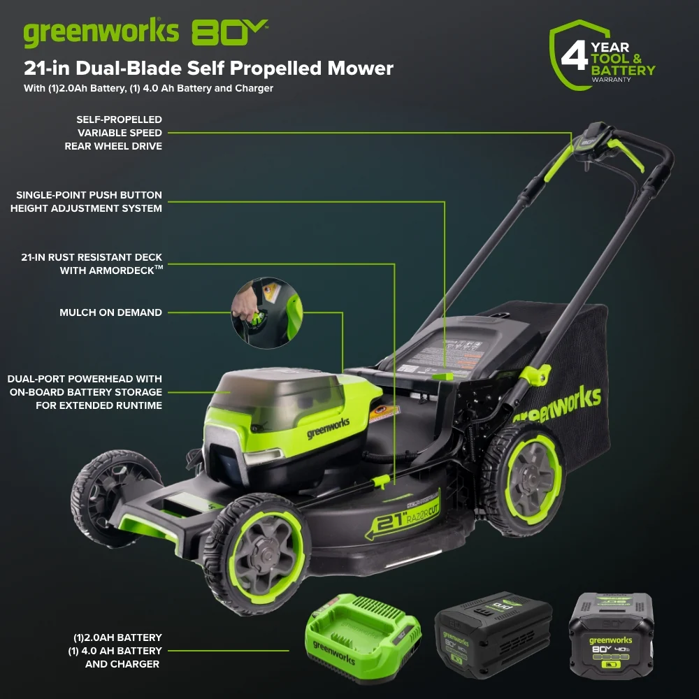 80V 21" Cordless Battery 4-in-1 Self-Propelled Mower: (1) 4.0Ah,(1) 2.0Ah Batteries & 2A Charger, LM2108S - Image 4