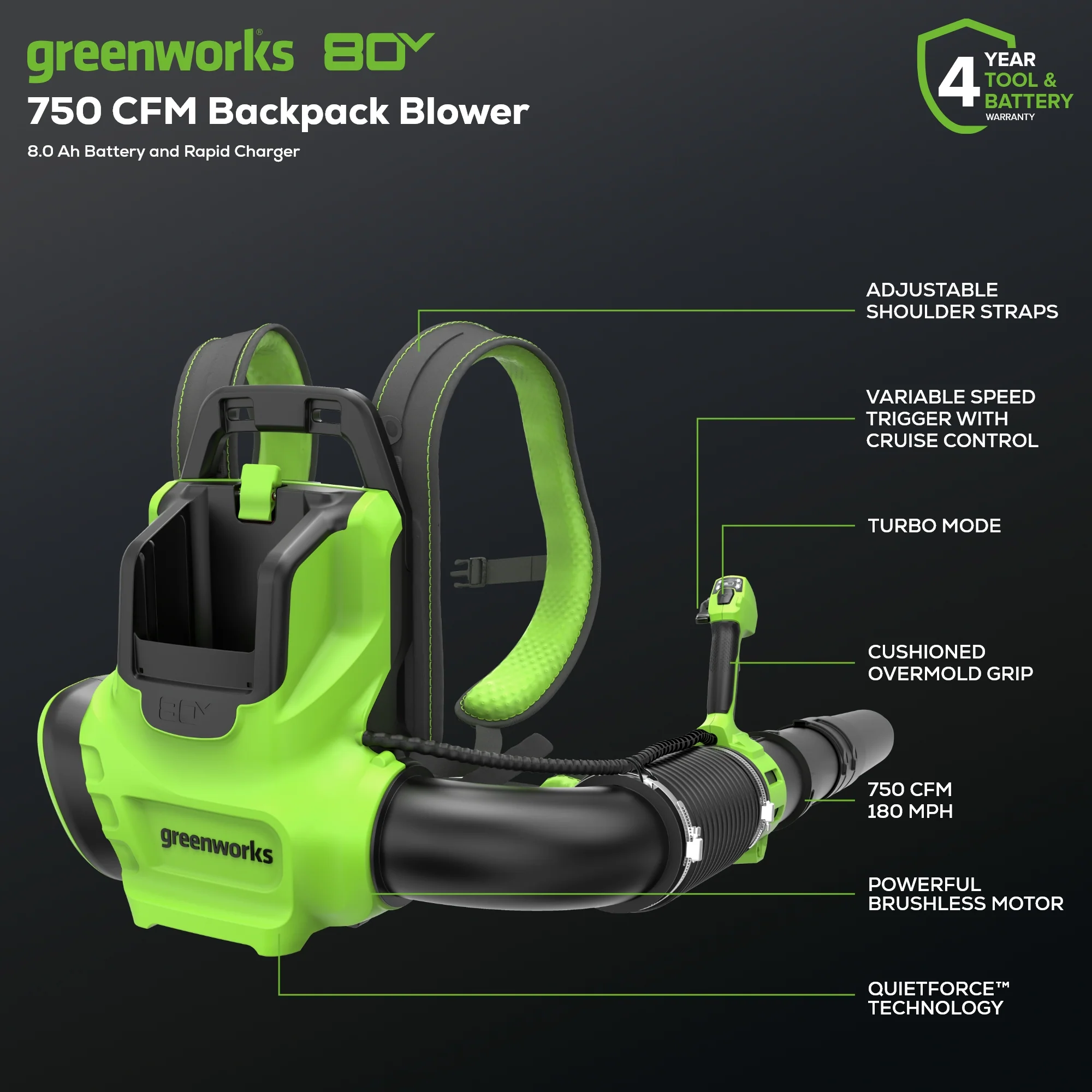 80V 750 CFM Cordless Battery Single Port Backpack Blower, 8Ah Battery and 6A Charger - Image 3