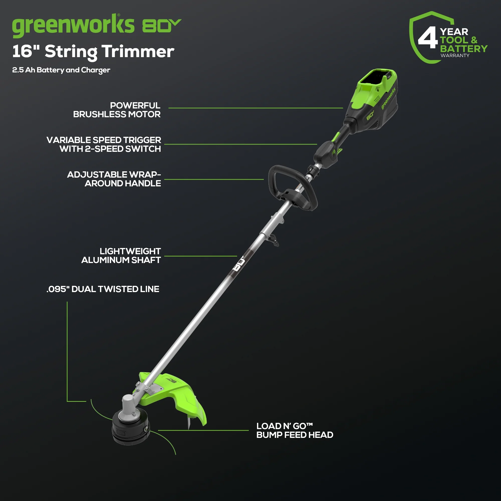 80V 16" Gen3 Cordless Brushless String Trimmer (Attachment Capable): 2.5 Ah Battery and Charger - Image 2