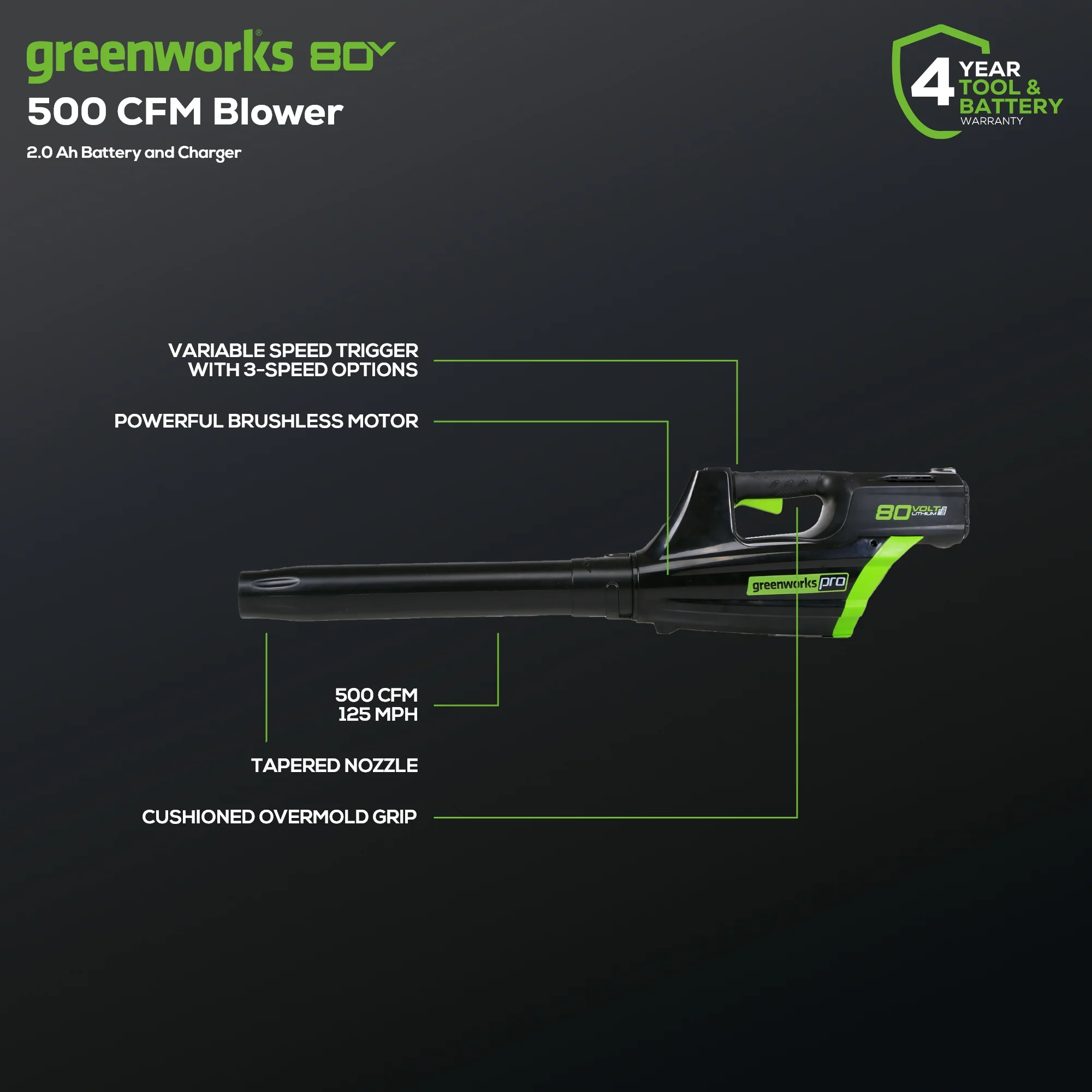 Pro 80V 16" Brushless String Trimmer & 500CFM Leaf Blower Combo w/ 2.0 Ah Battery & Charger - Image 3