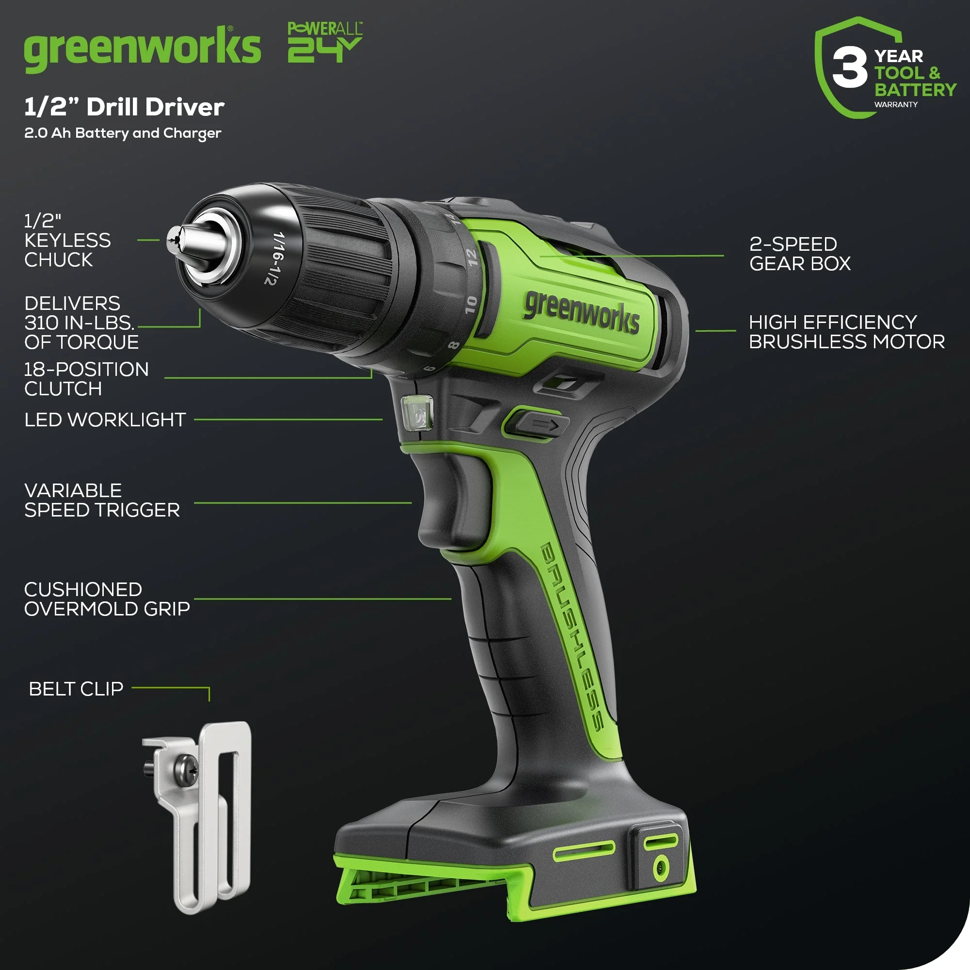 24V Cordless Battery Brushless 1/2" 310 in/lbs Drill / Driver: (1) 2.0 Ah Battery and Charger - Image 3