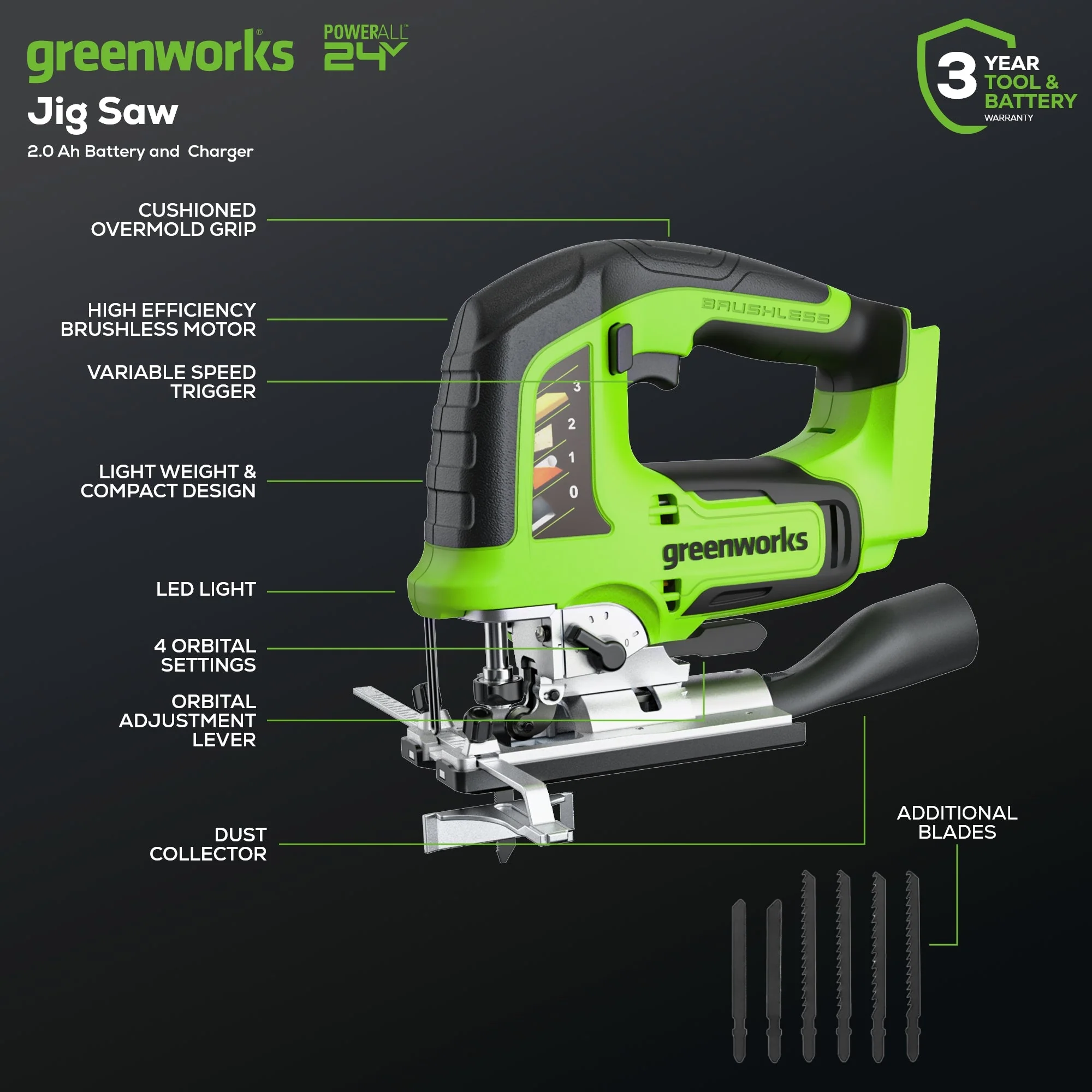24V Cordless Battery Brushless Jig Saw: 2.0 Ah Battery and Charger - Image 3