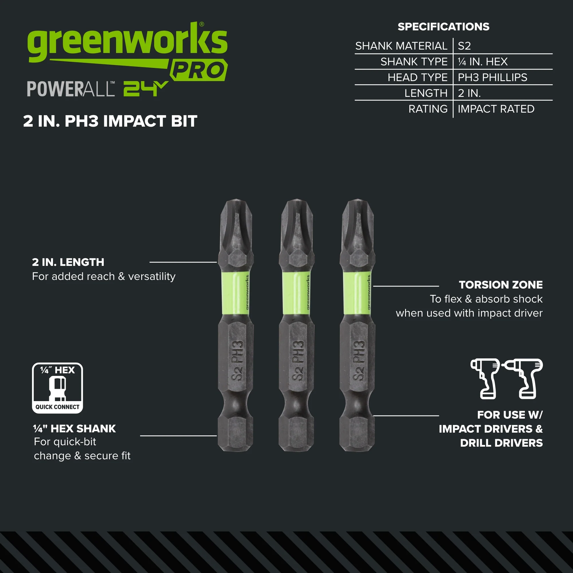 Pro 3-PC S2 2” Impact Rated Bits Phillips PH3 - Image 2