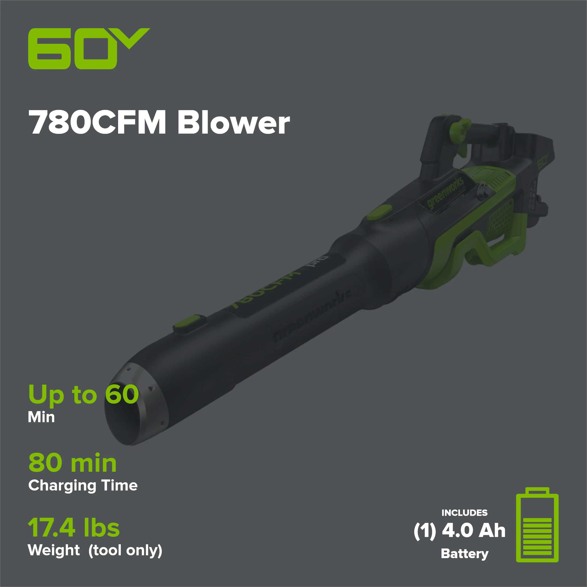 Pro 60V 780CFM Cordless Battery Leaf Blower, 4Ah Battery and Charger - Image 2