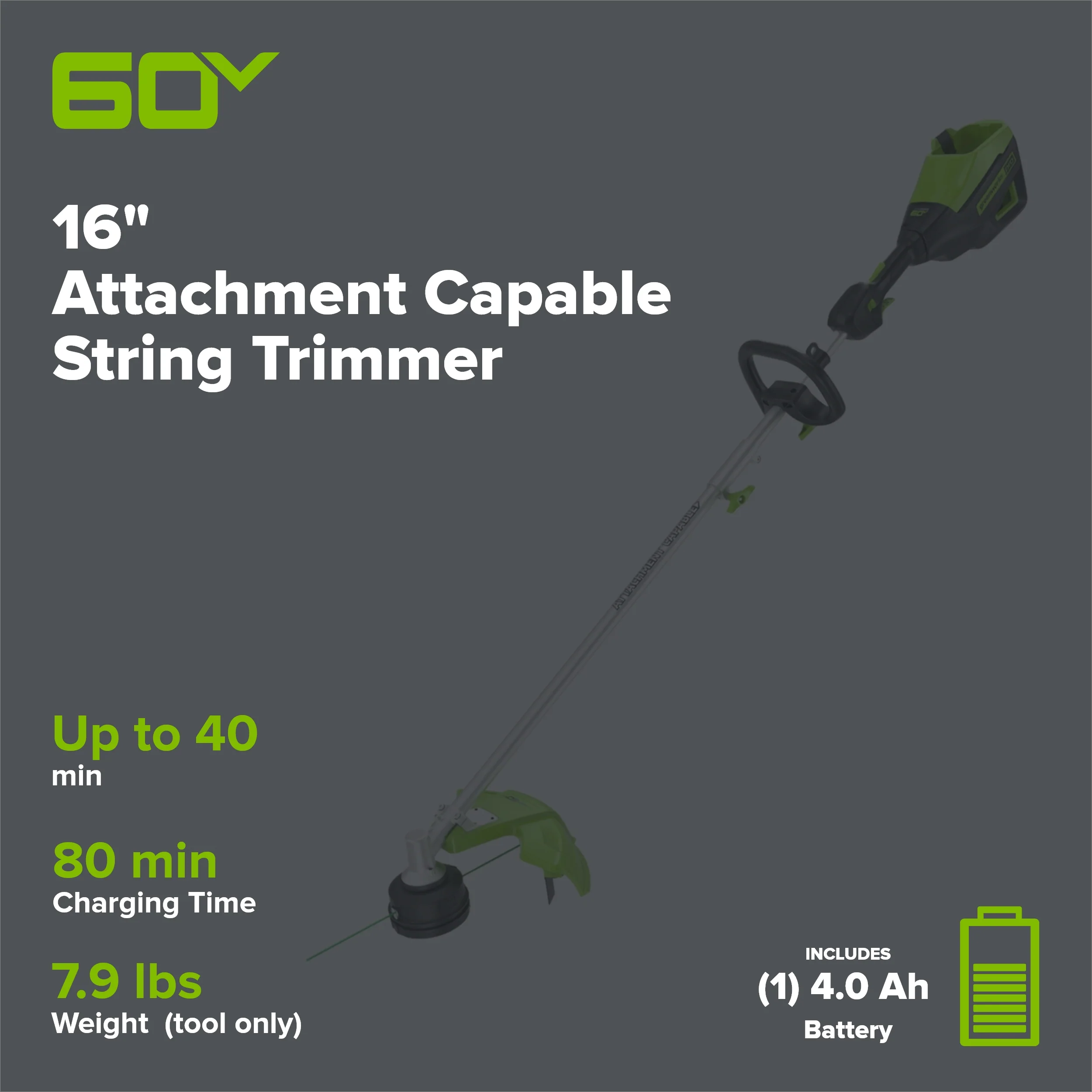 60V 16" Cordless Battery String Trimmer (Attachment Capable) w/ 4.0 Ah Battery & Charger - Image 2