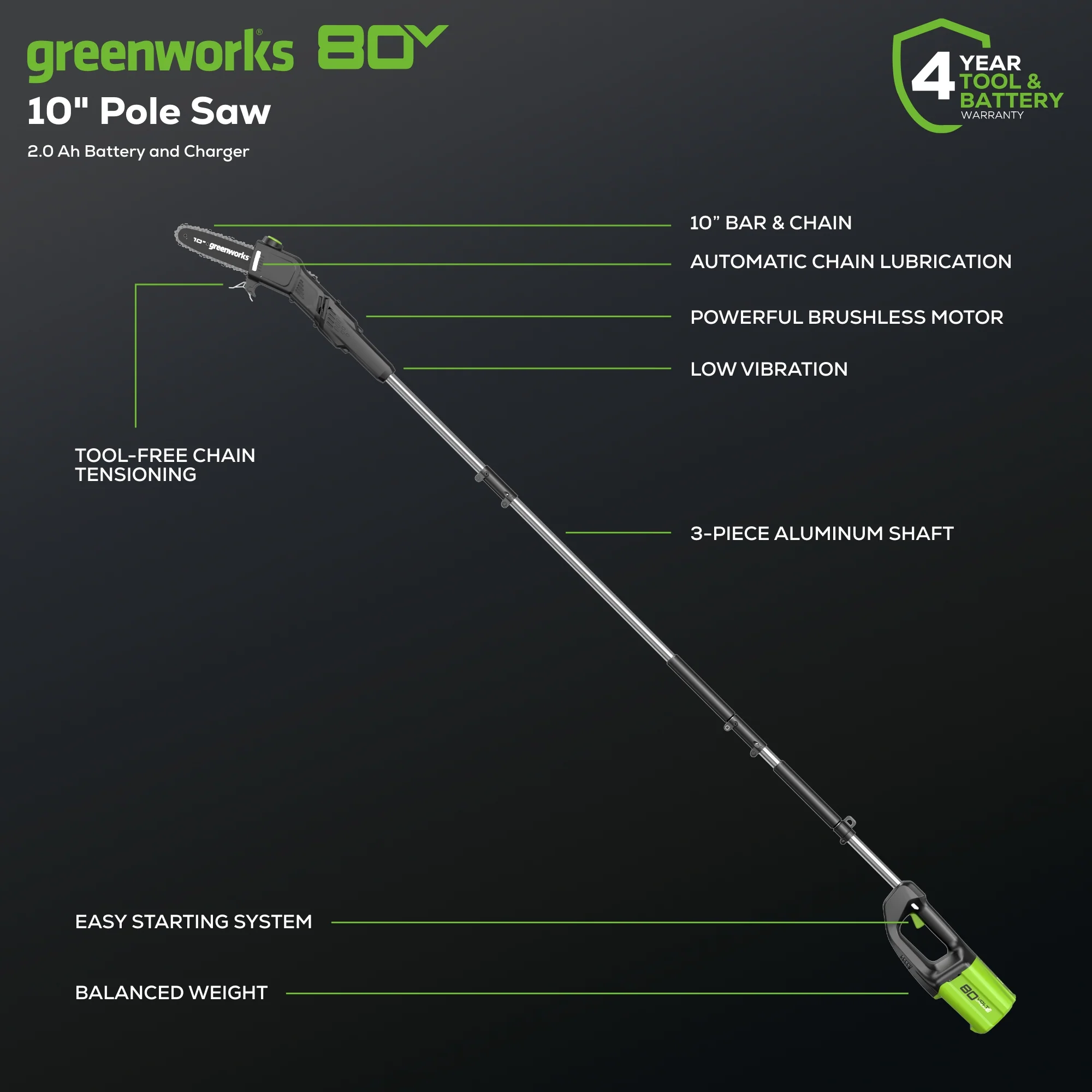 80V Cordless 10" Brushless Pole Saw: 2.0 Ah Battery and Rapid Charger - Image 3
