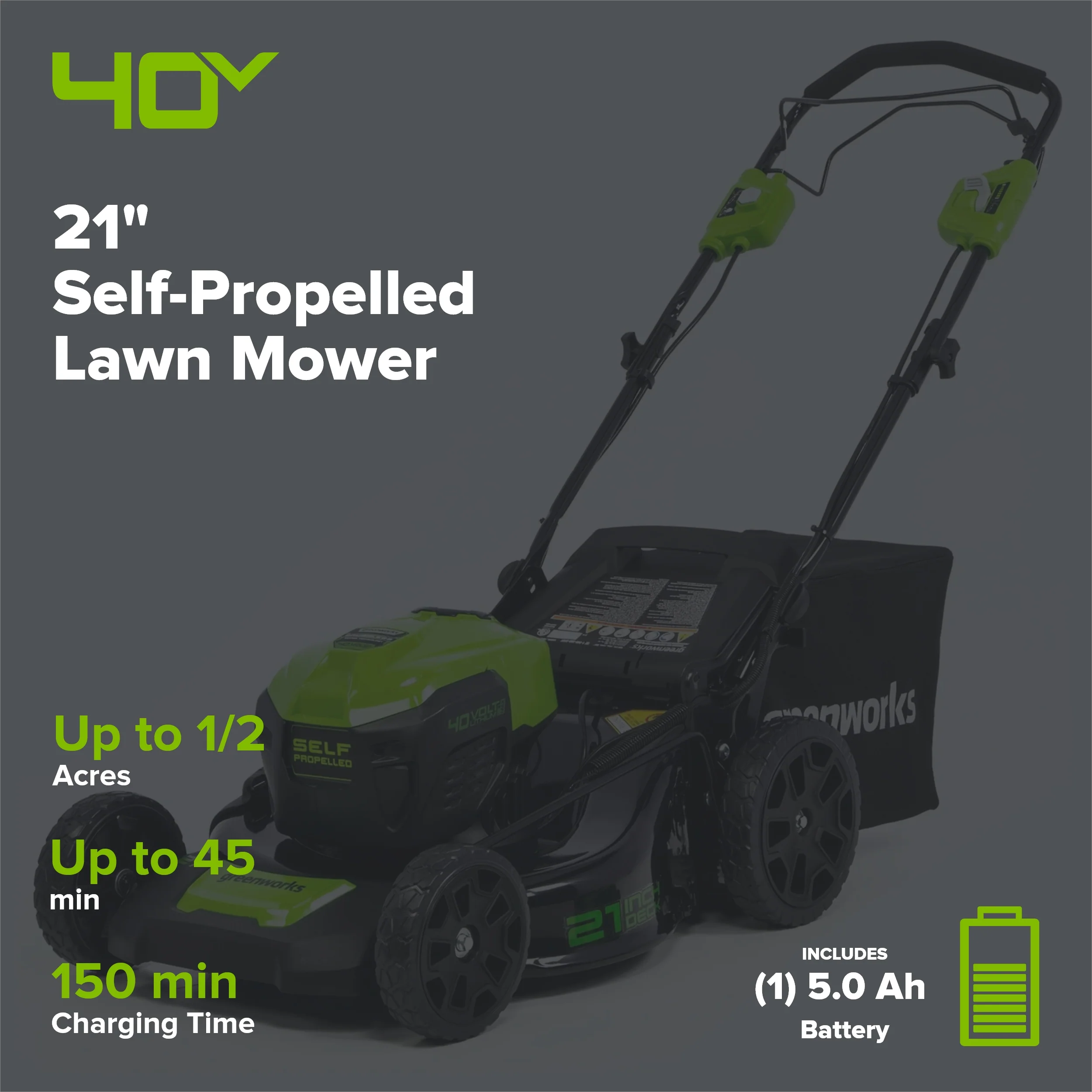 40V 21" Cordless Battery Self-Propelled Lawn Mower: 5.0 Ah USB Battery and Charger, LM2104S - Image 2